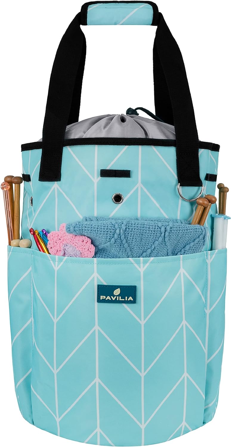 PAVILIA Knitting Bag Crochet Organizer Bag, Yarn Storage Tote, Knitting Accessories Supplies, Yarn Holder for Knitting with Grommets, Needles Hooks Essentials, Crochet Project Case (Chevron Teal)