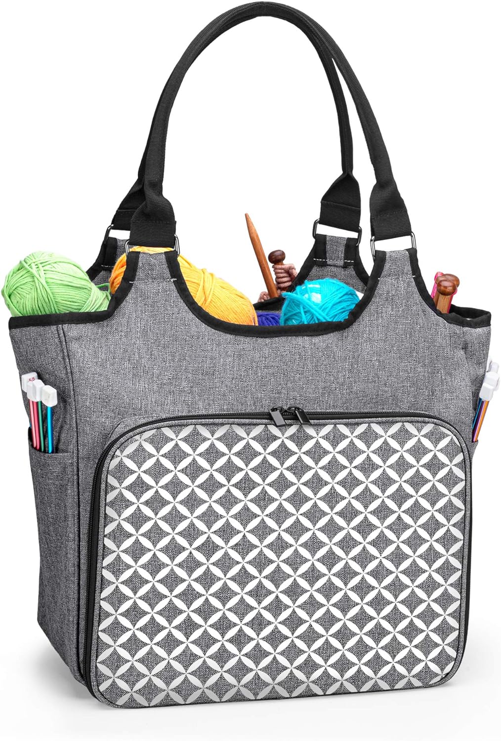 YARWO Knitting Tote Bag, Yarn Storage Organizer for Yarn Skeins, Knitting Needles, Crochet Hooks and Knitting Projects, Gray with Grid (Patent Pending)