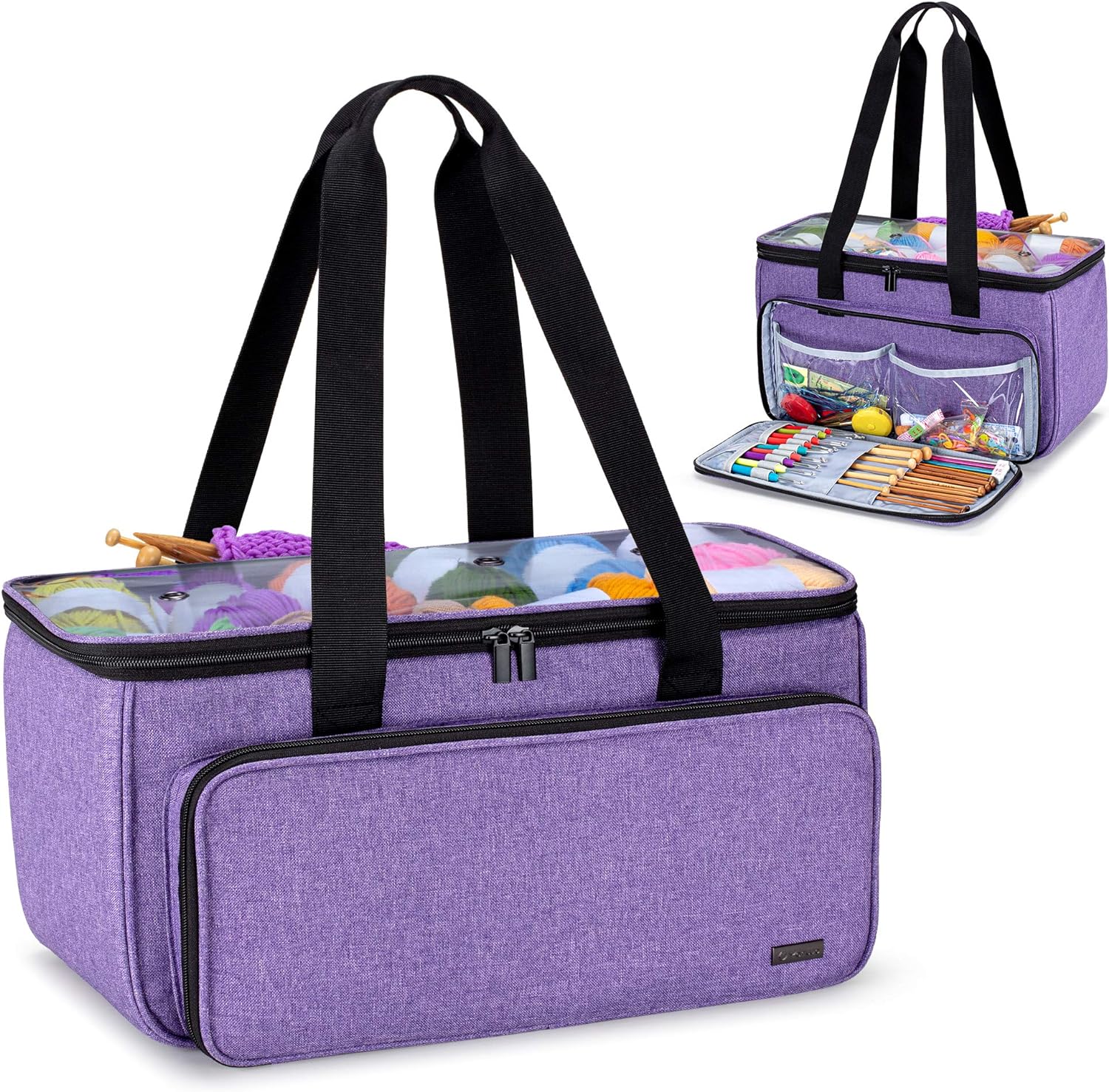 Yarwo Knitting Yarn Bag, Crochet Tote with Pocket for WIP projects, Knitting Needles(Up to 14) and Skeins of Yarn, Perfect Valentines Day Gifts, Purple (Bag Only)