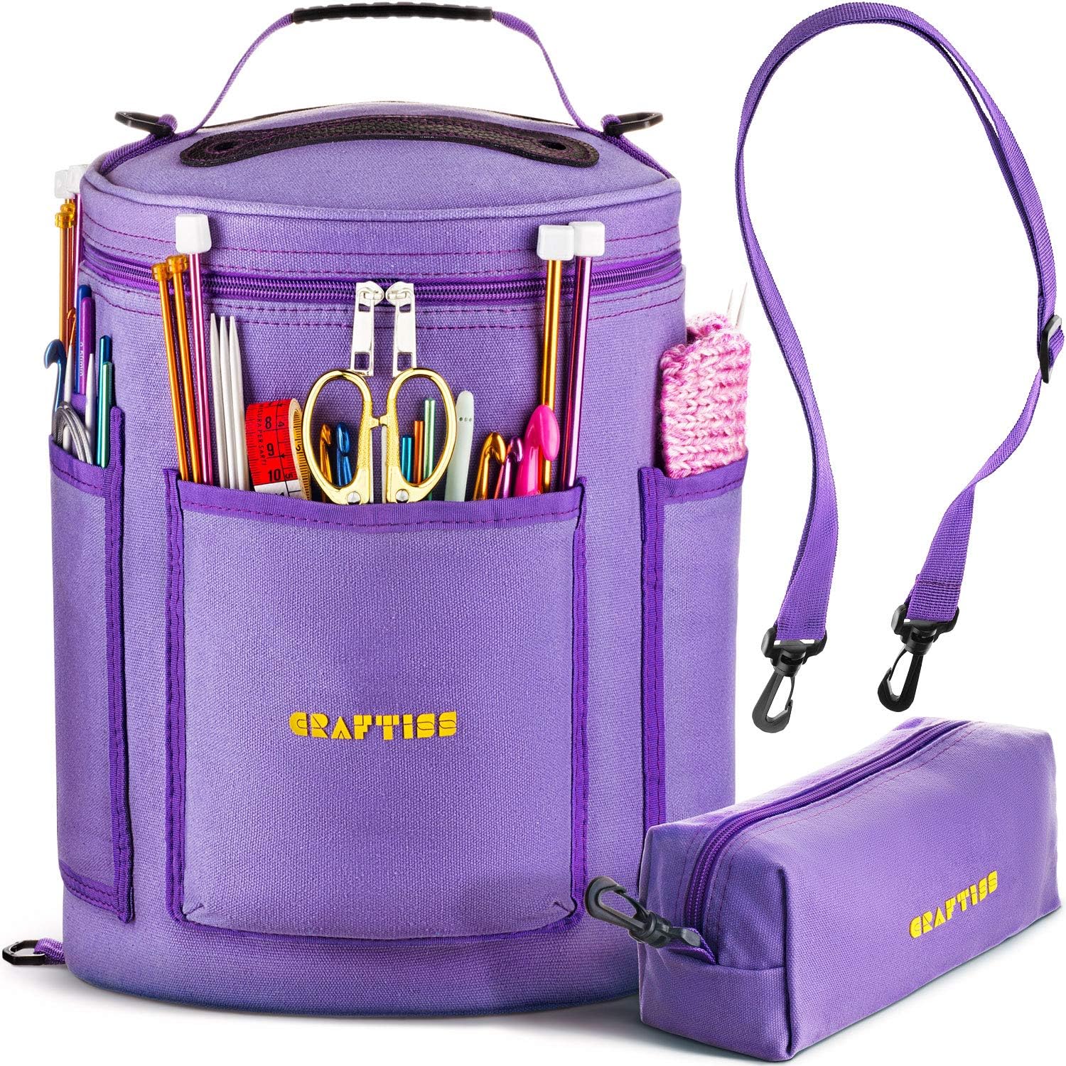 Yarn Storage Bag - Christmas Gift - Purple Tote Yarn Bag, Durable Knitting and Crochet Organizer with Needle Case