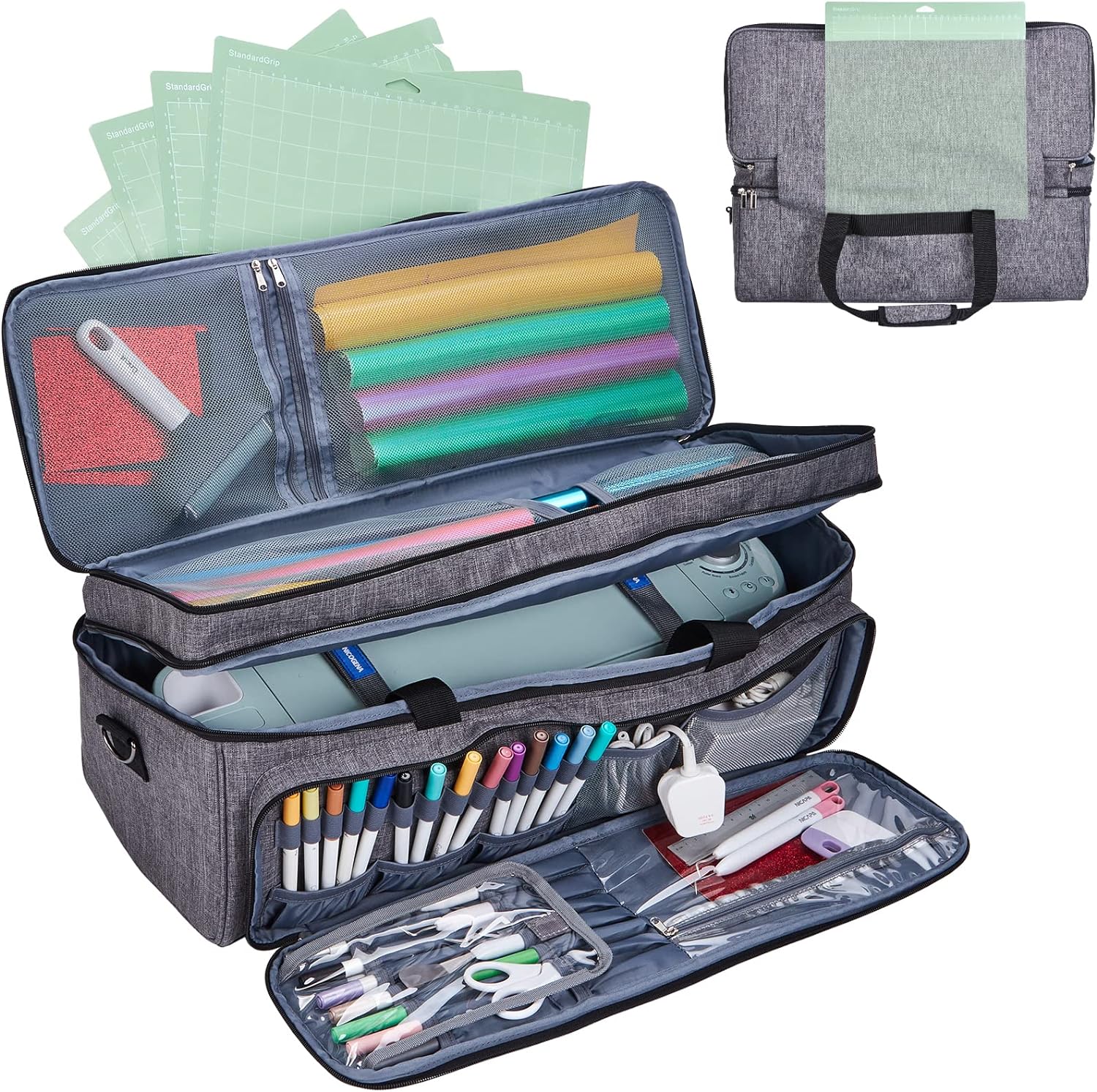 NICOGENA Double Layer Carrying Case with Mat Pocket for Cricut Explore Air 2, Cricut Maker, Cricut Maker 3, Cricut Explore 3, Multi Large Front Pockets for Tools Accessories and Supplies, Grey