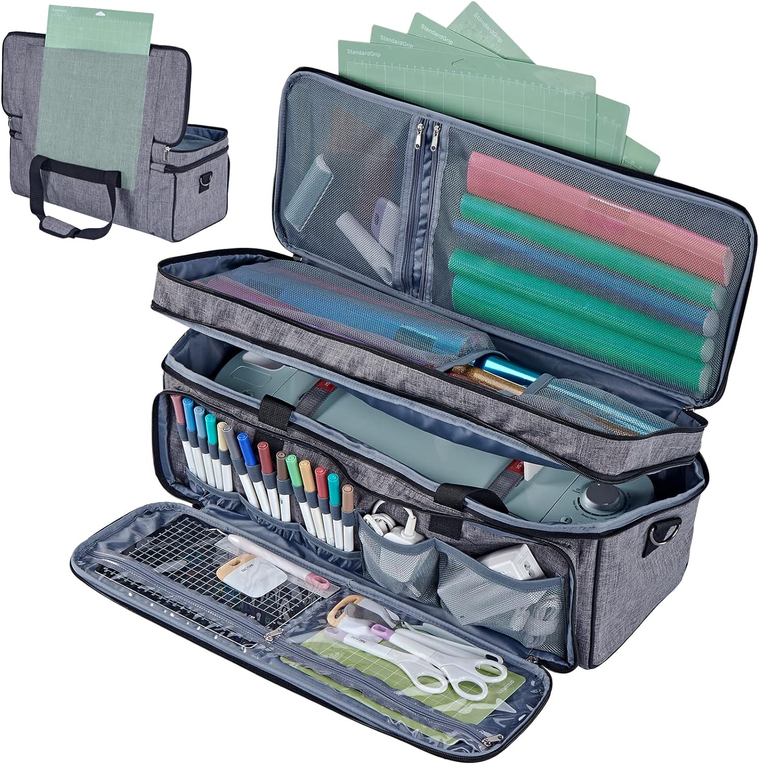 HOMEST Double Layer Carrying Case with Mat Pocket for Cricut Explore Air 2, Cricut Maker, Grey