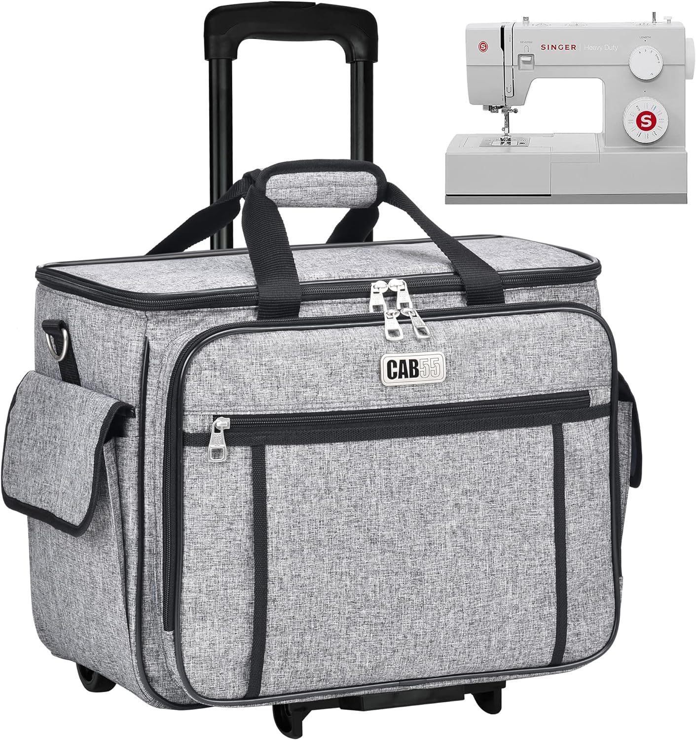 CAB55 Rolling Sewing Machine Case, Detachable Rolling Sewing Machine Carrying Case on Wheels, Trolley Tote Bag with Removable Bottom Wooden Board for Most Standard Sewing Machine and Accessories-Gray