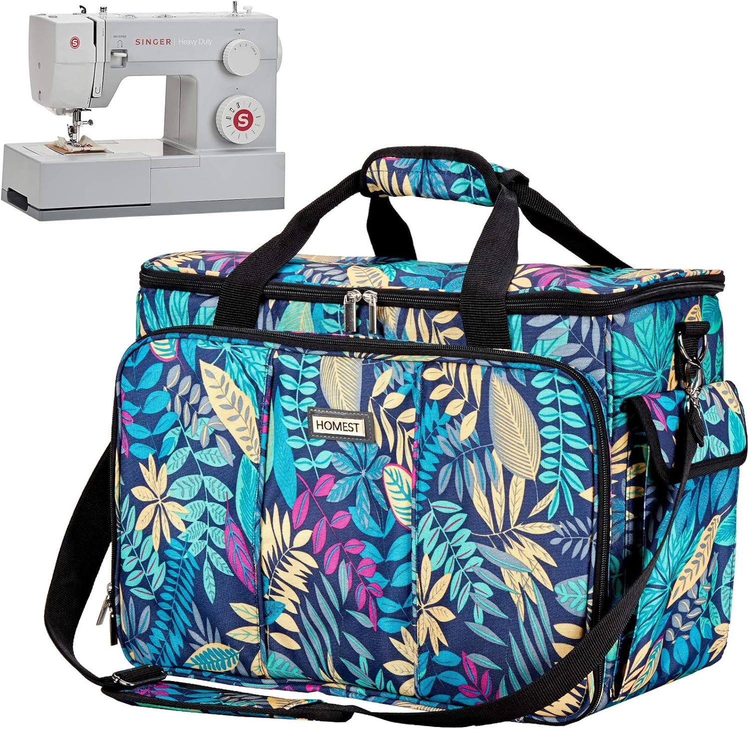 HOMEST Sewing Machine Carrying Case with Multiple Storage Pockets, Universal Tote Bag with Shoulder Strap Compatible with Most Standard Singer, Brother, Janome, Floral (Patent Design)