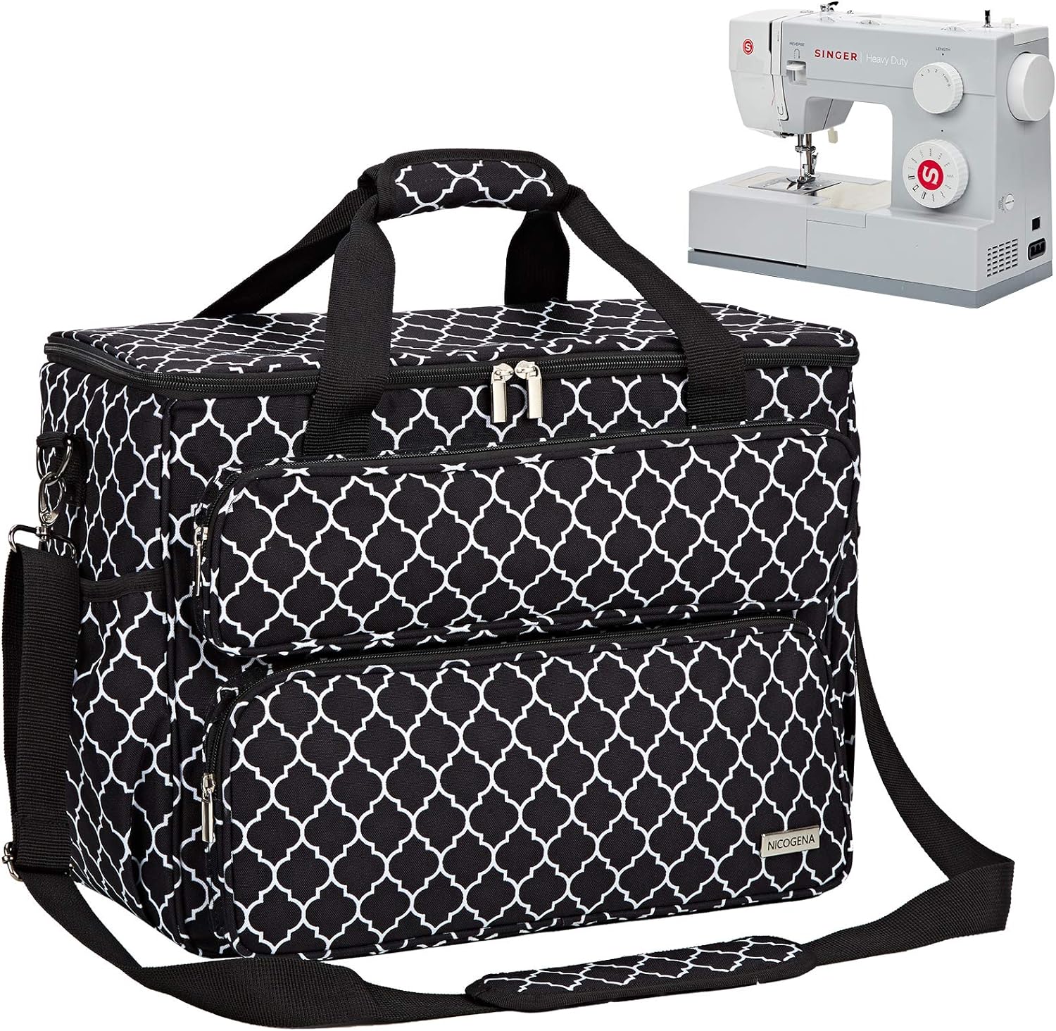 NICOGENA Sewing Machine Carrying Case, Universal Travel Tote Bag with Shoulder Strap for Singer, Brother, Janome and Accessories, Lantern Black