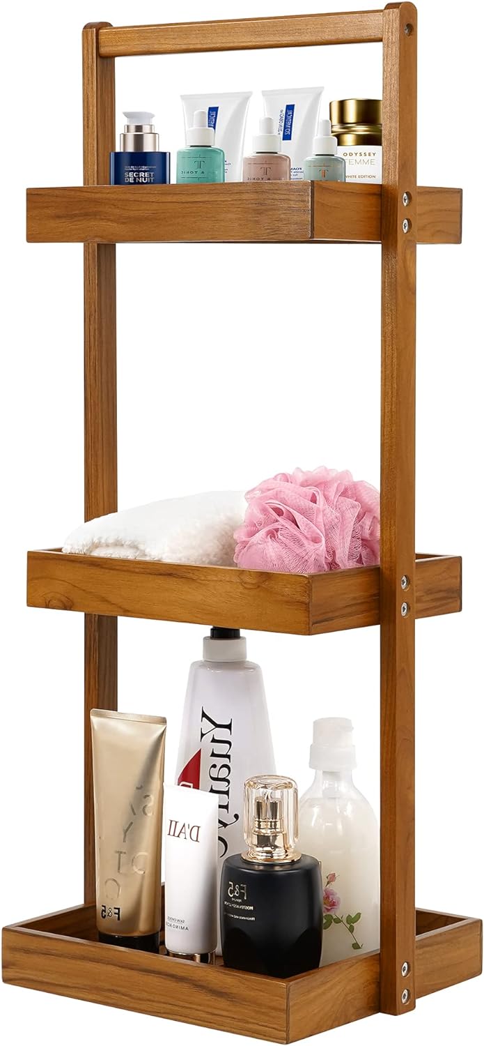 Utoplike Teak Shower Caddy Shelf, Standing Shower Organizer for Bathroom Corner, Wooden Freestanding Racks Storage for Inside Shower, Bath, Office, Stand Up 3 Tier Kitchen Desktop Organization