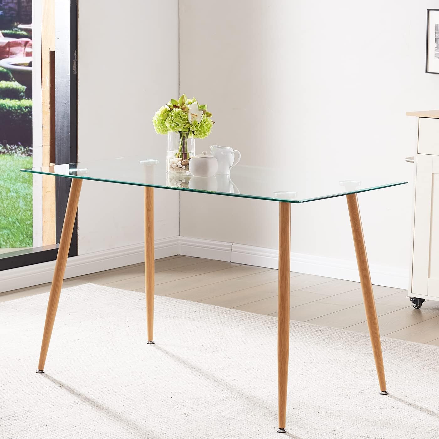 Glass Dining Table - 47 Rectangle Glass Top Dining Room Table, Modern Clear Kitchen Table with Wooden Metal Leg, Rectangular Dining Table for 2 or 4 for Small Spaces Apartment Kitchen or Dining Room