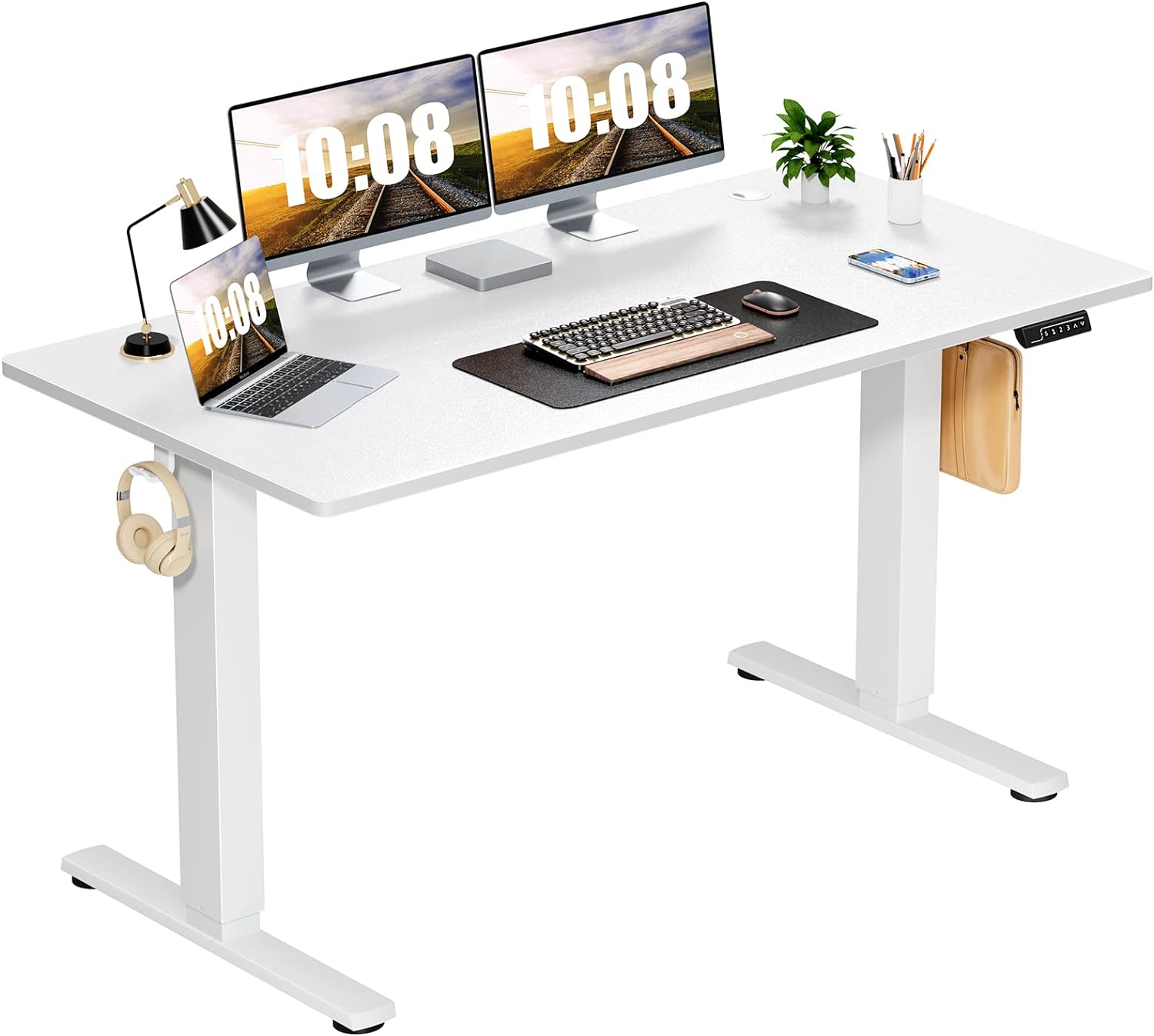 Sweetcrispy Standing Desk Adjustable Height, 55inch Electric Sit Stand up Desk for Home Office, Modern Rising Work Table for Computer Laptop, Lift Gaming Desk Sturdy Ergonomic Workstation, White