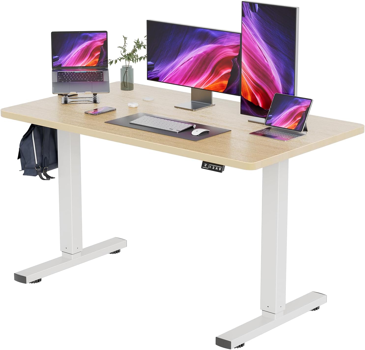 YESHOMY Height Adjustable Electric Standing Desk 55 inch Computer Table, Home Office Workstation, 55in, White Leg/Natural Top