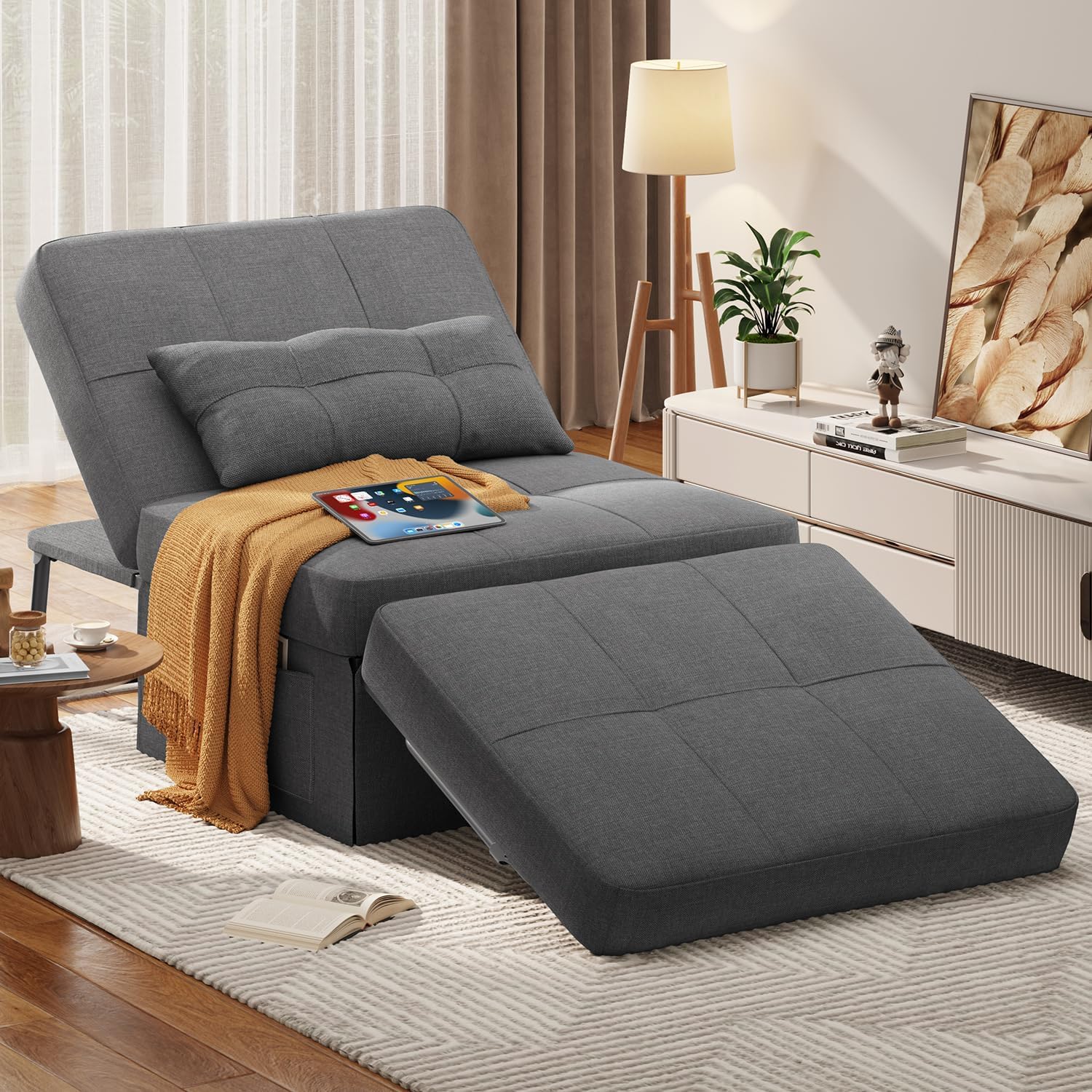 Aiho Sleeper Chair Bed, 4 in 1 Convertible Chair Sofa Bed, Assembly-Free Sofa Chair Bed with Adjustable Backrest Linen Fabric, for Living Room Apartment Office, Dark Grey