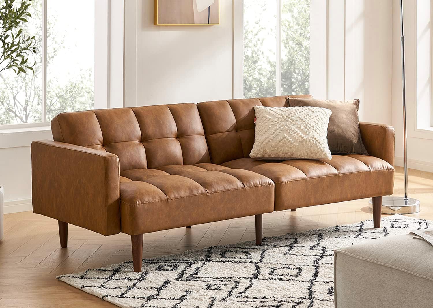 mopio Aaron Couch, Small Sofa, Futon, Sofa Bed, Sleeper Sofa, Loveseat, Mid Century Modern Futon Couch, Sofa Cama, Couches for Living Room, Bedroom 77.5 (Pecan Brown Faux Leather)