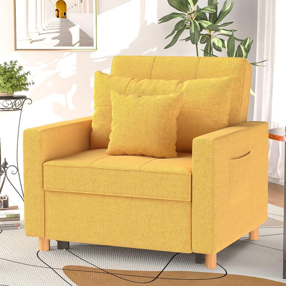 YODOLLA 3-in-1 Sofa Bed Chair, Single Sleeper Chair Bed with Adjust Backrest Into a Sofa,Lounger Chair,Single Bed,Convertible Chair Bed for Adults, Yellow