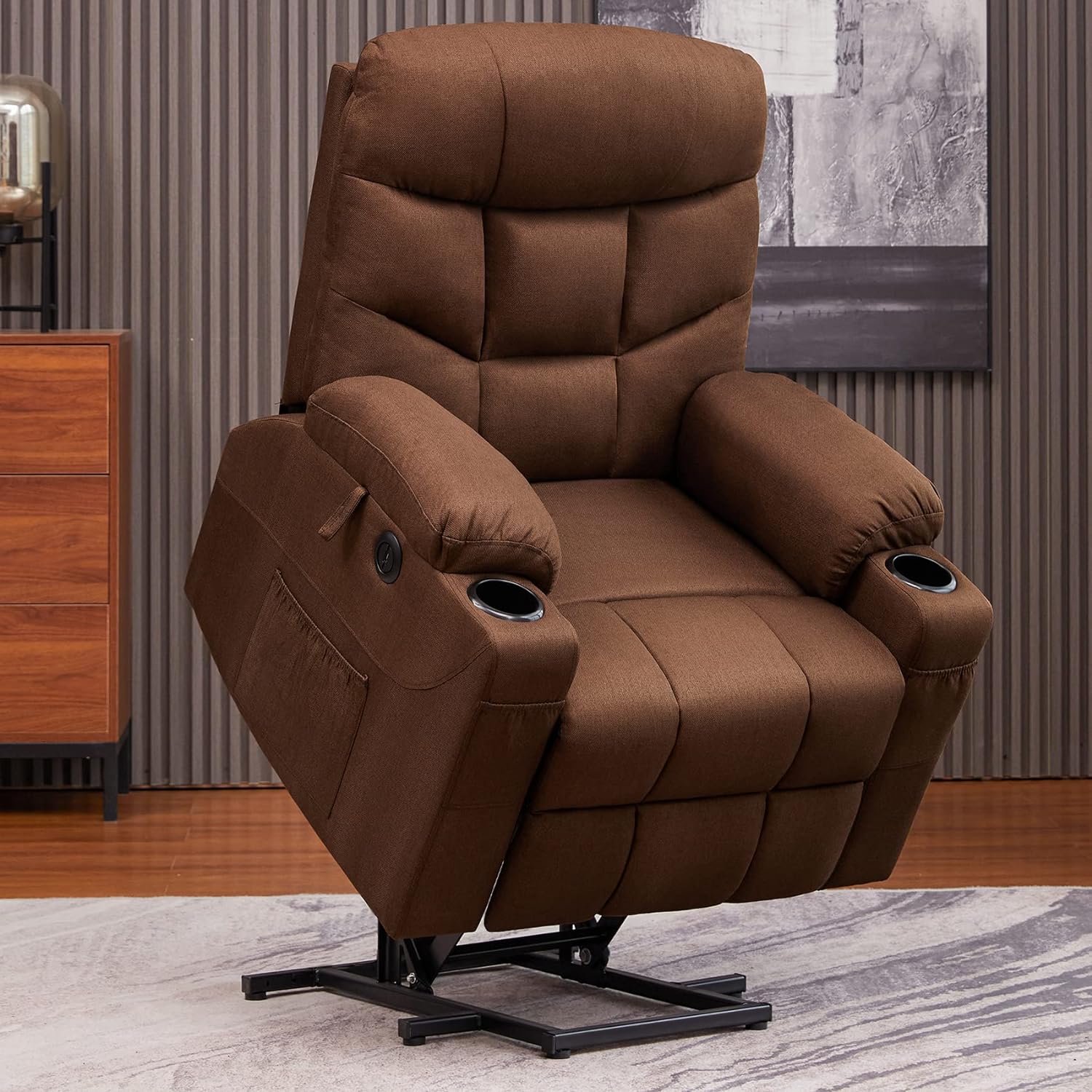 CDCASA Power Lift Recliner Chair for Elderly with Heated Vibration Massage, Fabric Electric Power Recliner Chairs for Seniors, Side Pockets,Cup Holders, USB Ports, Remote Control, Brown