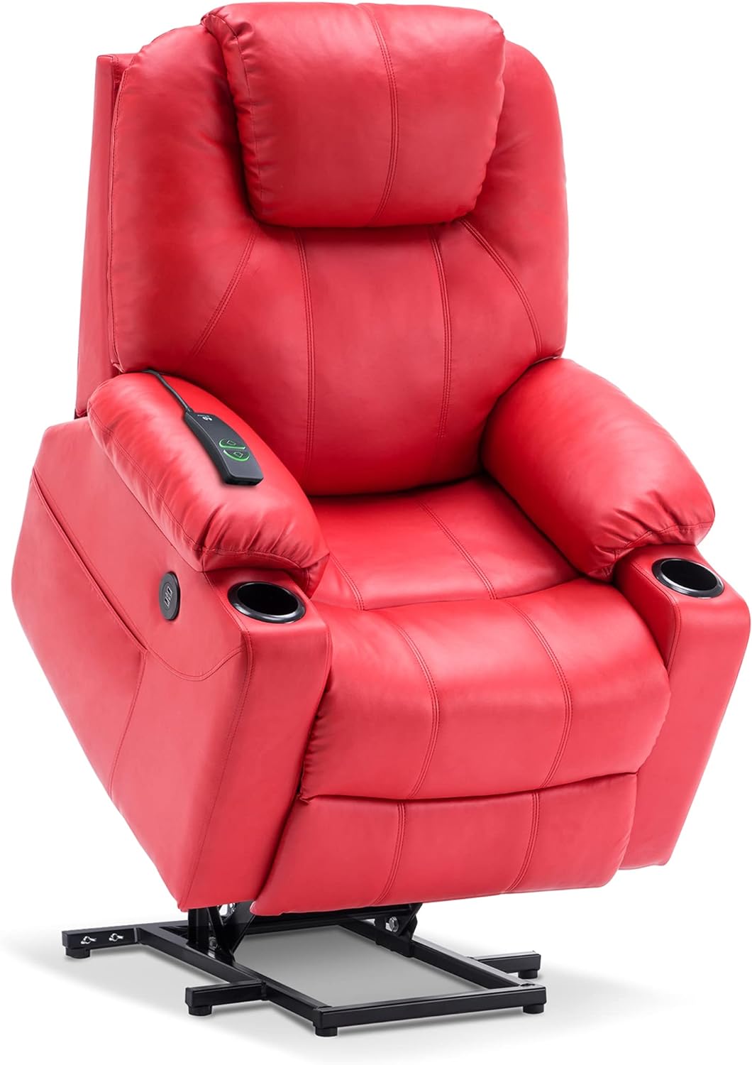 MCombo Electric Power Lift Recliner Chair Sofa with Massage and Heat for Elderly, 3 Positions, 2 Side Pockets, and Cup Holders, USB Ports, Faux Leather 7040 (Medium, Red)