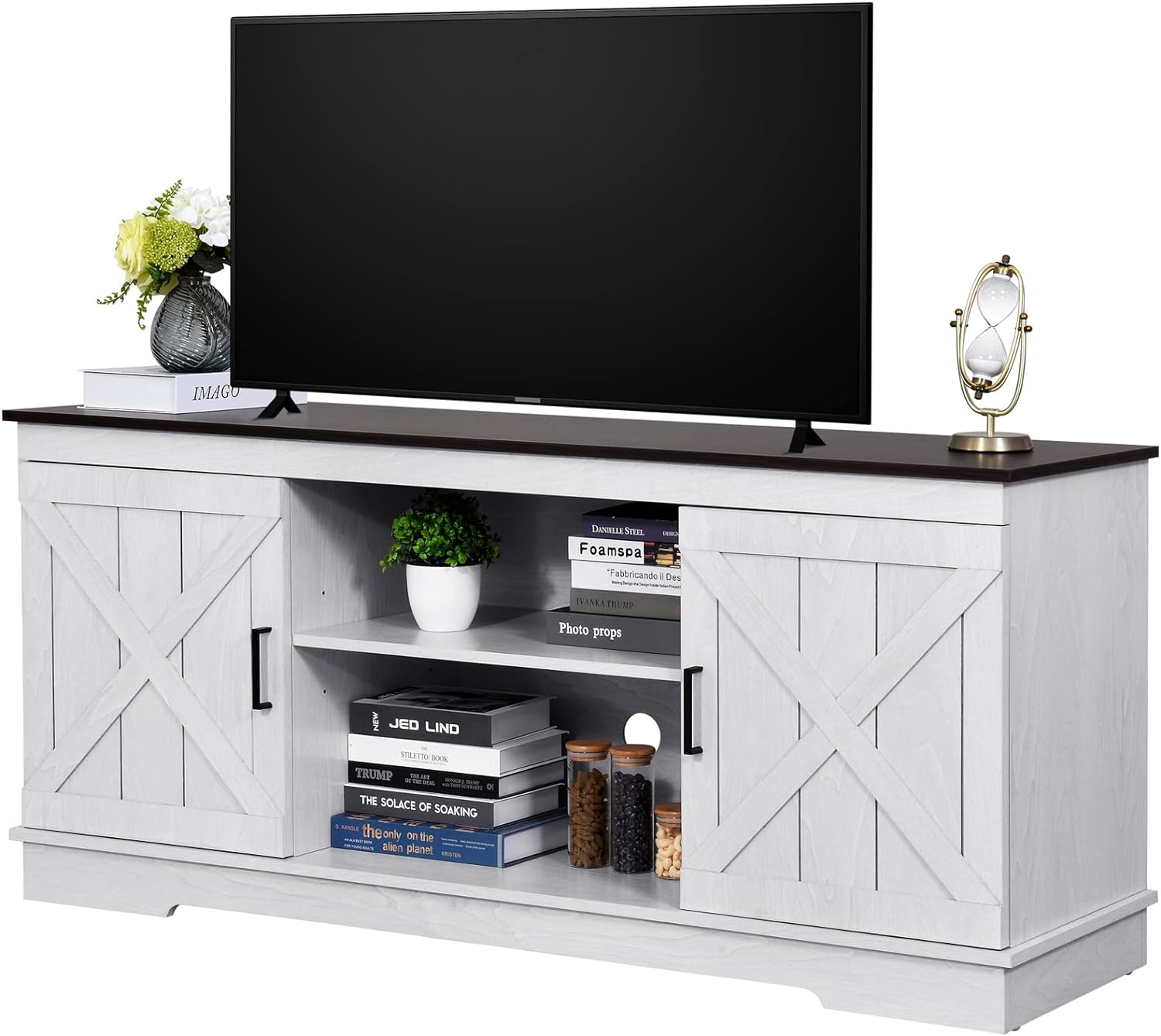 YITAHOME Farmhouse TV Stand for 65 Inch TV, Mid Century Modern Entertainment Center for 300lbs with Double Barn Doors, Rustic TV Media Console TV Cabinet for Living Room, Grey White/Espresso