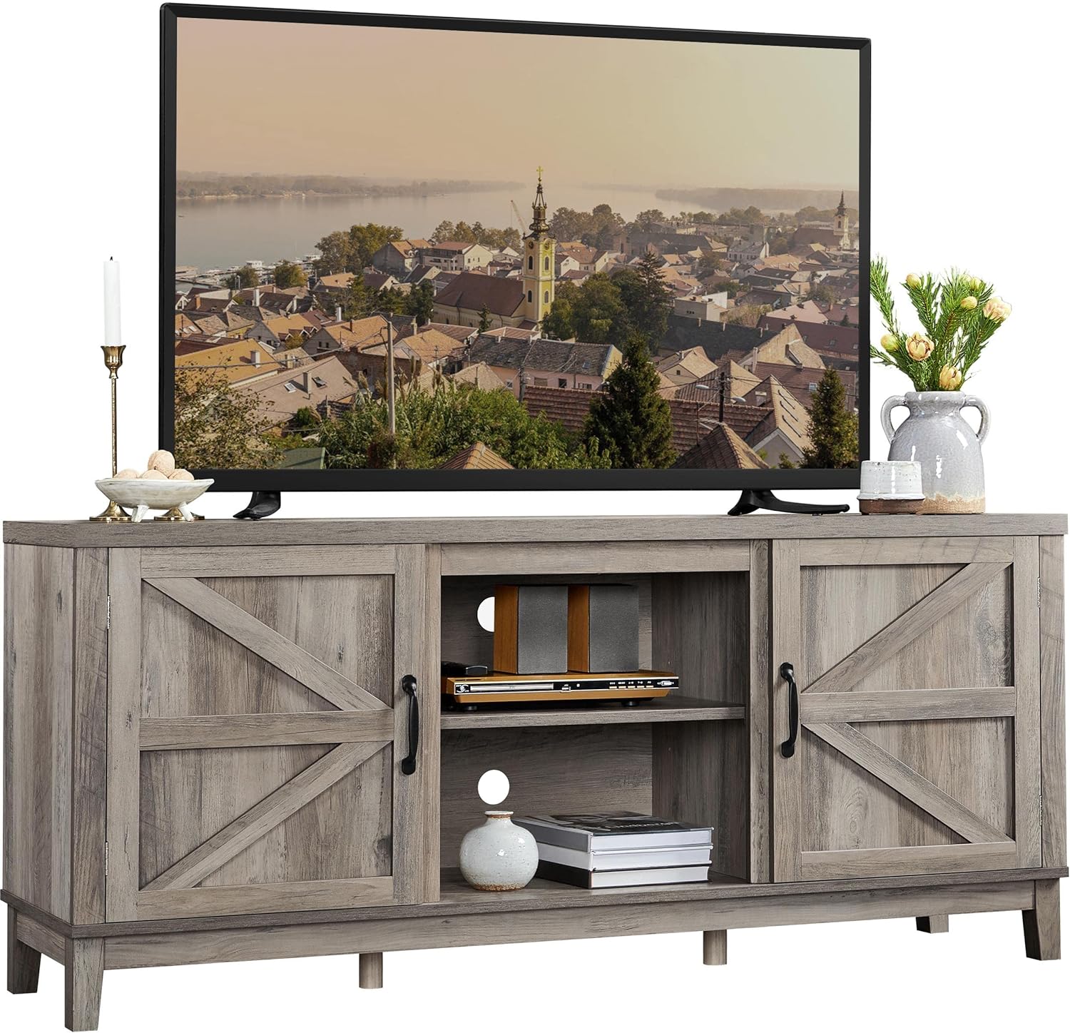 Yaheetech TV Stand, Farmhouse TV Stand for Living Room, Entertainment Center with Double Barn Doors for 65 Inch TV, Gray