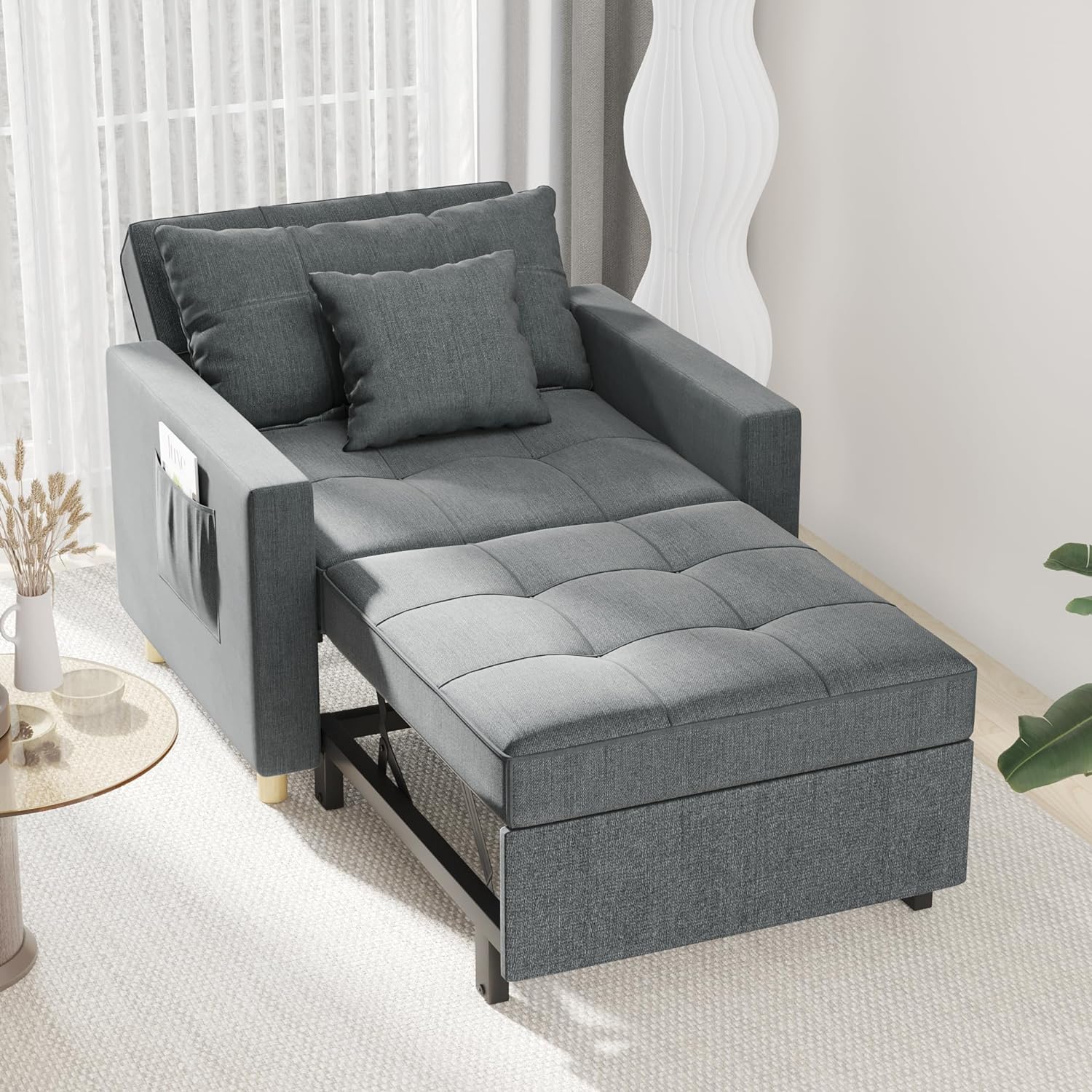 Esright 40 Inch Sleeper Chair Bed 3-in-1 Convertible Futon Chair Multi-Functional Sofa Adjustable Reading/Sleeper Chair with Modern Linen Fabric, Drak Grey