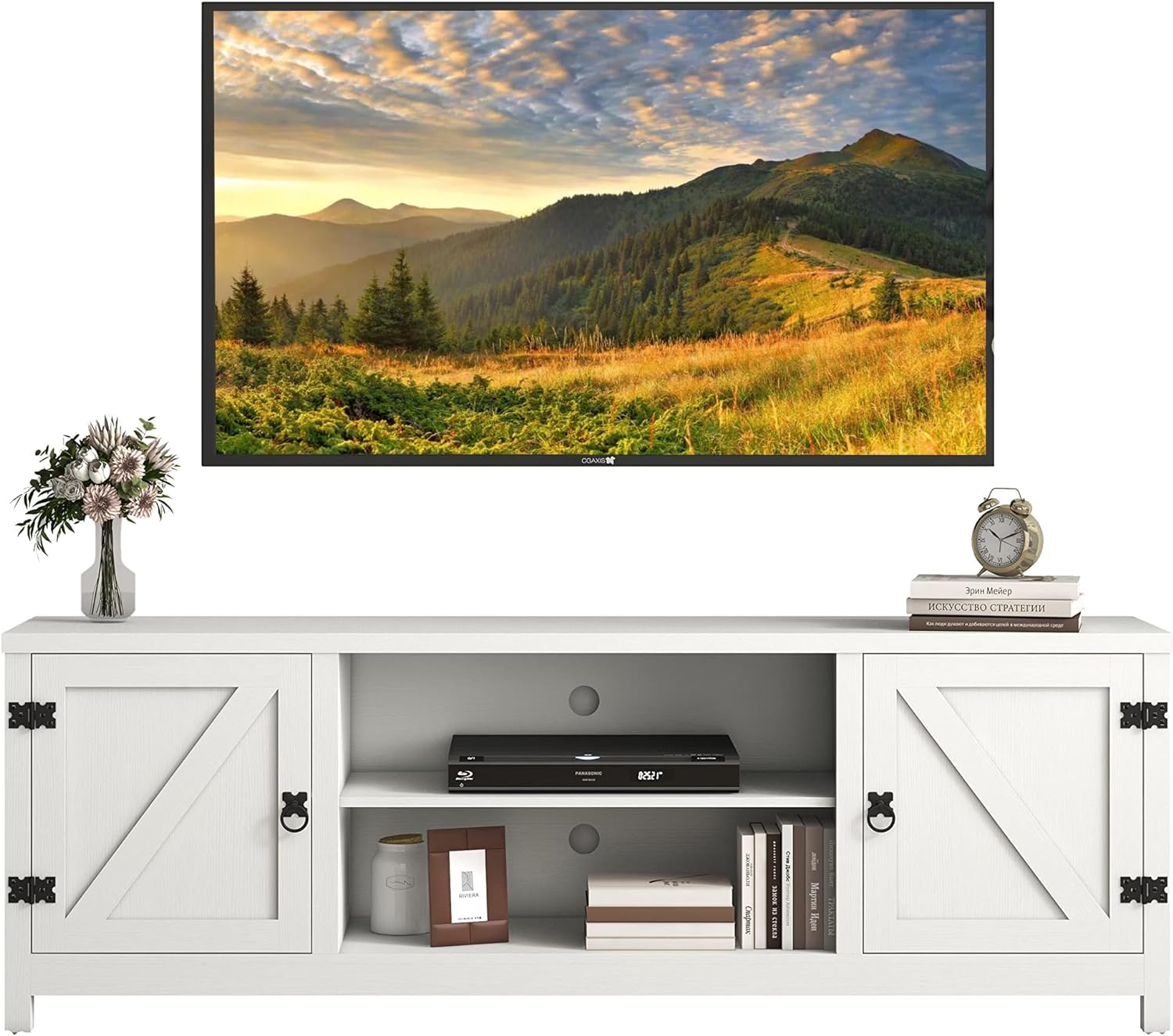 Panana Modern Farmhouse TV Stand, Entertainment Center for 70 inch TV with 2 Doors and Open Shelves for Living Room, Bedroom (White, 65 inch)