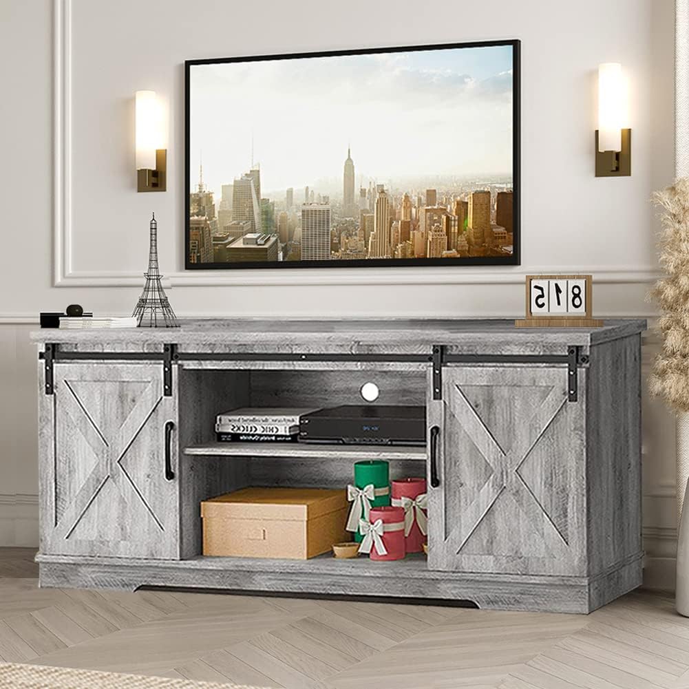 Amyove Farmhouse Stand for 65 Inch TV, Entertainment Center TV Media Console Table, Tall Stand with Storage, Barn Doors and Shelves, Grey Modern Cabinet Furniture for Living Room