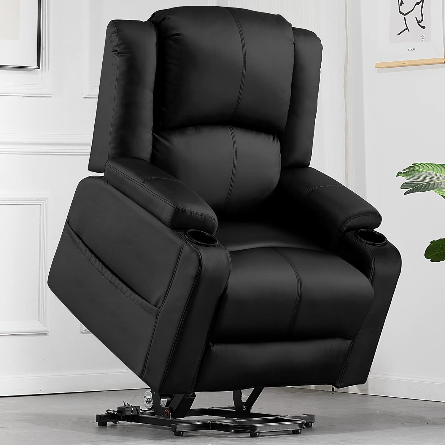 COMHOMA Power Lift Recliner Chairs for Elderly Big Heated Massage Recliner Sofa PU Leather with Infinite Position 2 Side Pockets and Cup Holders (Black)