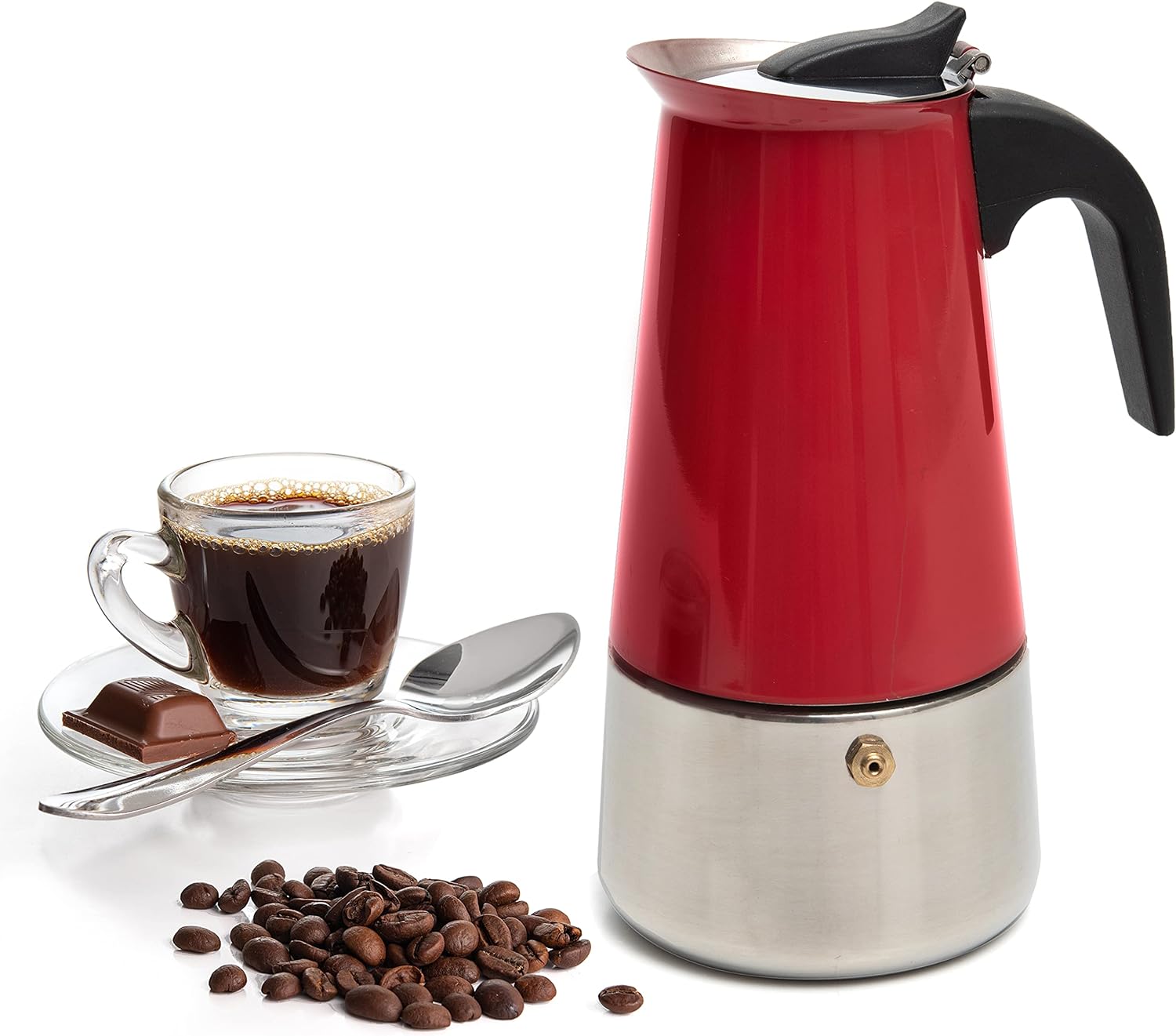 Mixpresso 6 Cup Coffee Maker Stovetop Espresso Coffee Maker, Moka Coffee Pot with Coffee Percolator Design, Stainless Steel stovetop espresso maker, Italian Coffee Maker, Red Coffee Pot 10oz