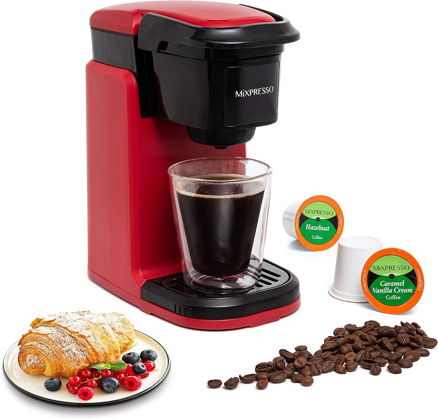 Mixpresso Single Cup Coffee Maker, Personal Single Serve Coffee Brewer Machine, Compatible with Single-Cups, Quick Brew Technology Programmable Features, One Touch Function Red Coffee Maker