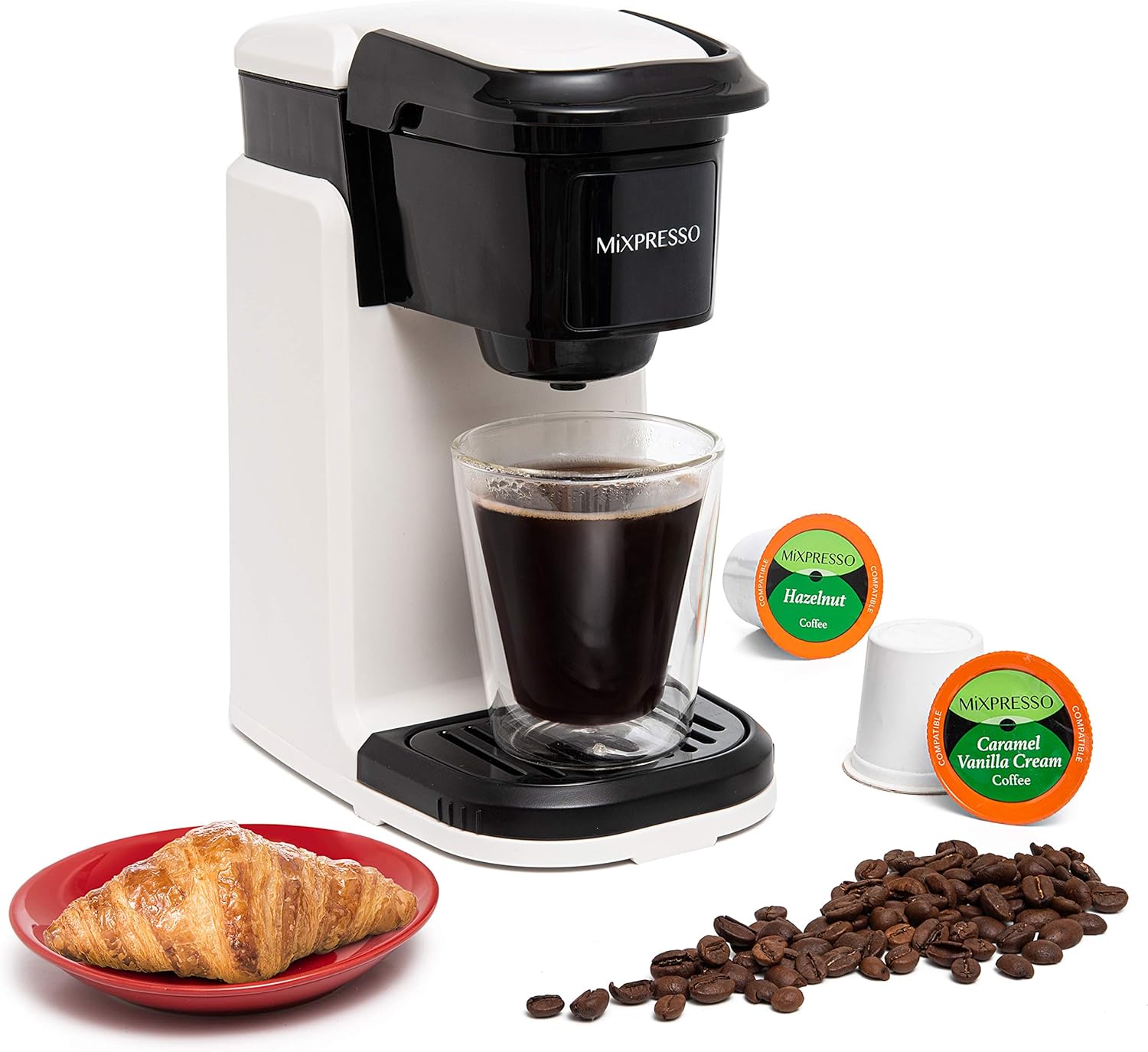 Mixpresso Single Cup Coffee Maker, Personal Single Serve Coffee Brewer Machine, Compatible with Single-Cups, Quick Brew Technology, Programmable One Touch Function White Coffee Maker