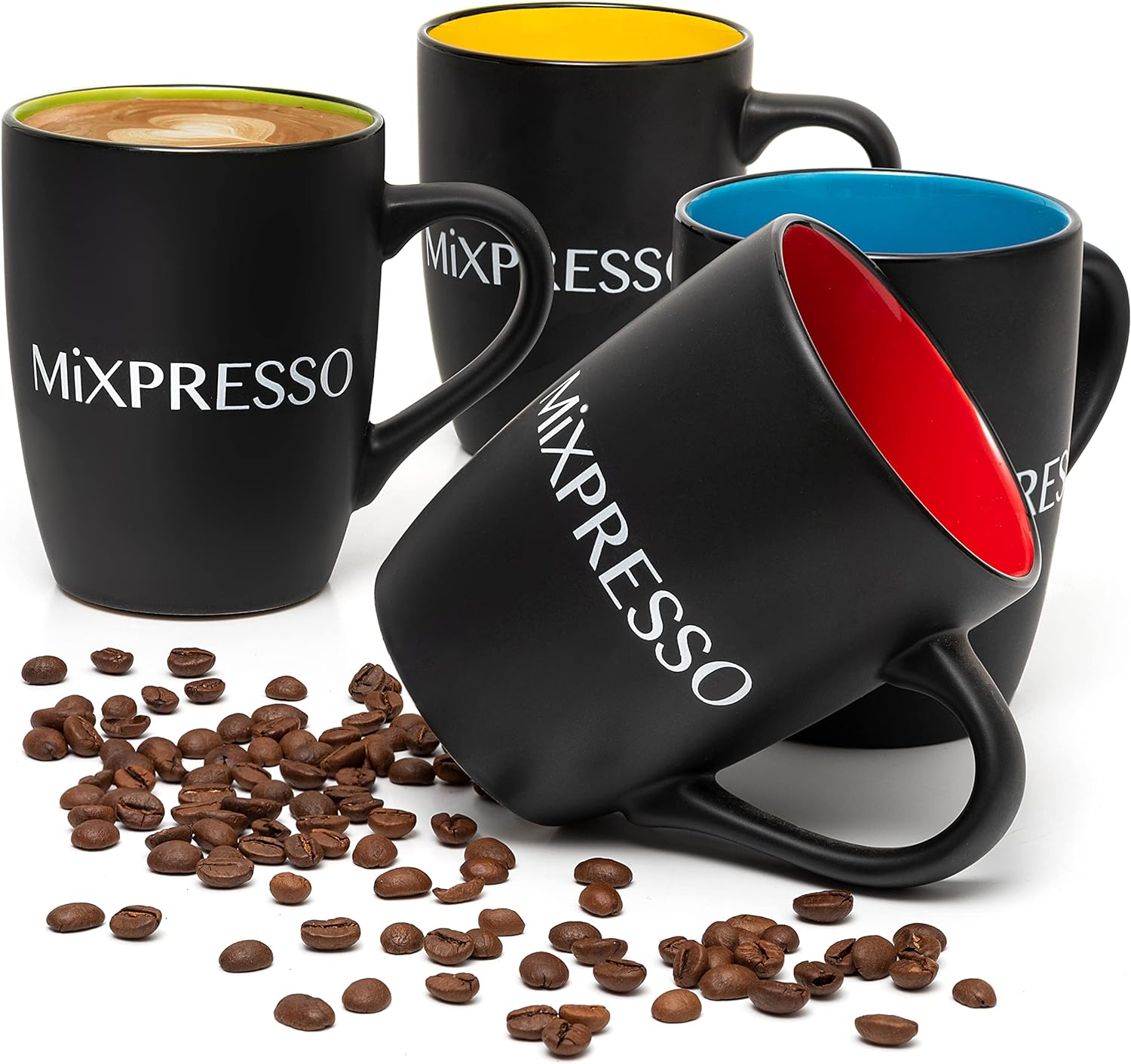 Mixpresso 4 Piece Mug Set, 16 Oz Coffee Mugs with Large Handle For Hot or Cold Drinks, Colorful Ceramic Coffee Mug Set For Coffee, Tea, Cappuccino, Milk, Cocoa, Cereal. Black and Colors Mugs