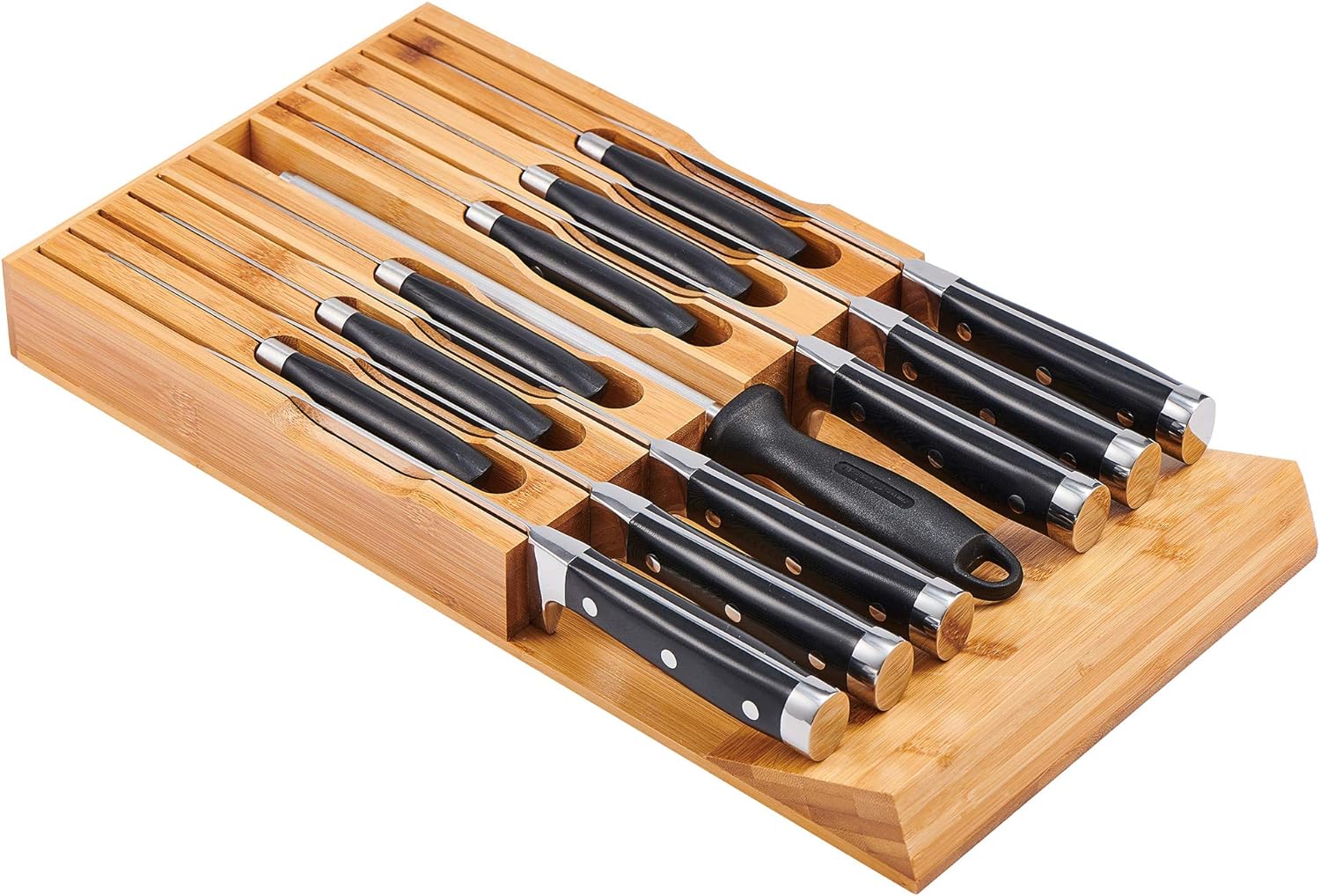 Utoplike In-Drawer Bamboo knife block Drawer Knife Organizer and Holder,Store up to 12 knives and 1 Sharpening Steel (Not Included)