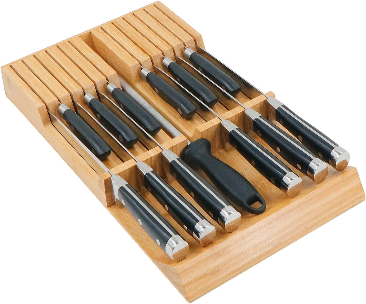 Utoplike in-Drawer Knife Block Bamboo Kitchen Knife Drawer Organizer, Large Handle Steak Knife Holder Without Knives, Fit for 12 Knives and 1 Sharpening Steel (Not Included)