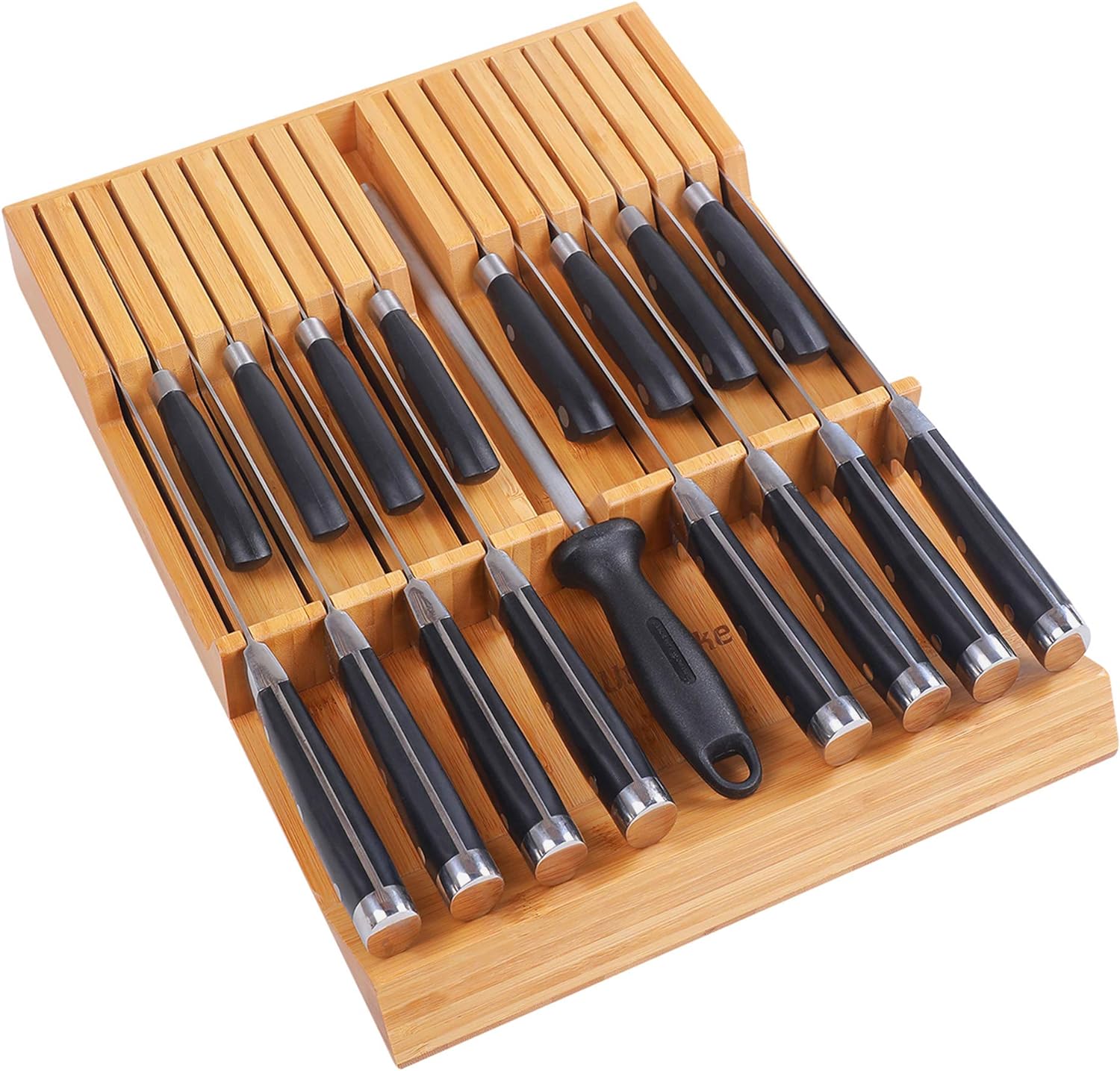 Utoplike In-drawer Knife Block Bamboo Kitchen Knife Drawer Organizer, Large handle Steak knife Holder without Knives, Fit for 16 knives and 1 Sharpening Steel (Not Included)