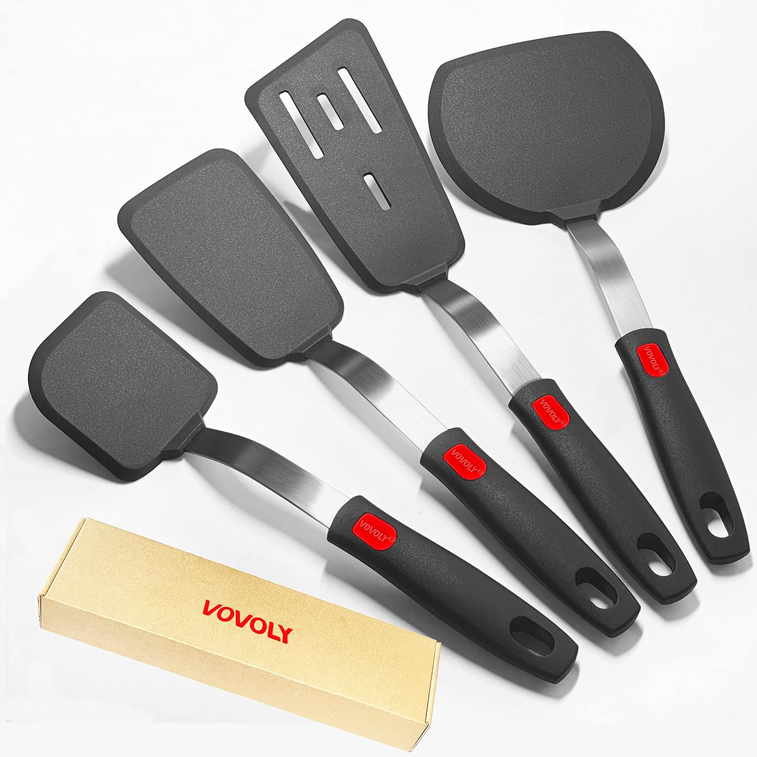 Silicone Spatula Turner Set with Lengthened Handle, Heat Resistant Spatulas for Nonstick Cookware, Kitchen Flipper Utensil for Egg, Pancake, Fish, Burger, No Scratch & Melting, BPA Free, 4 Pack