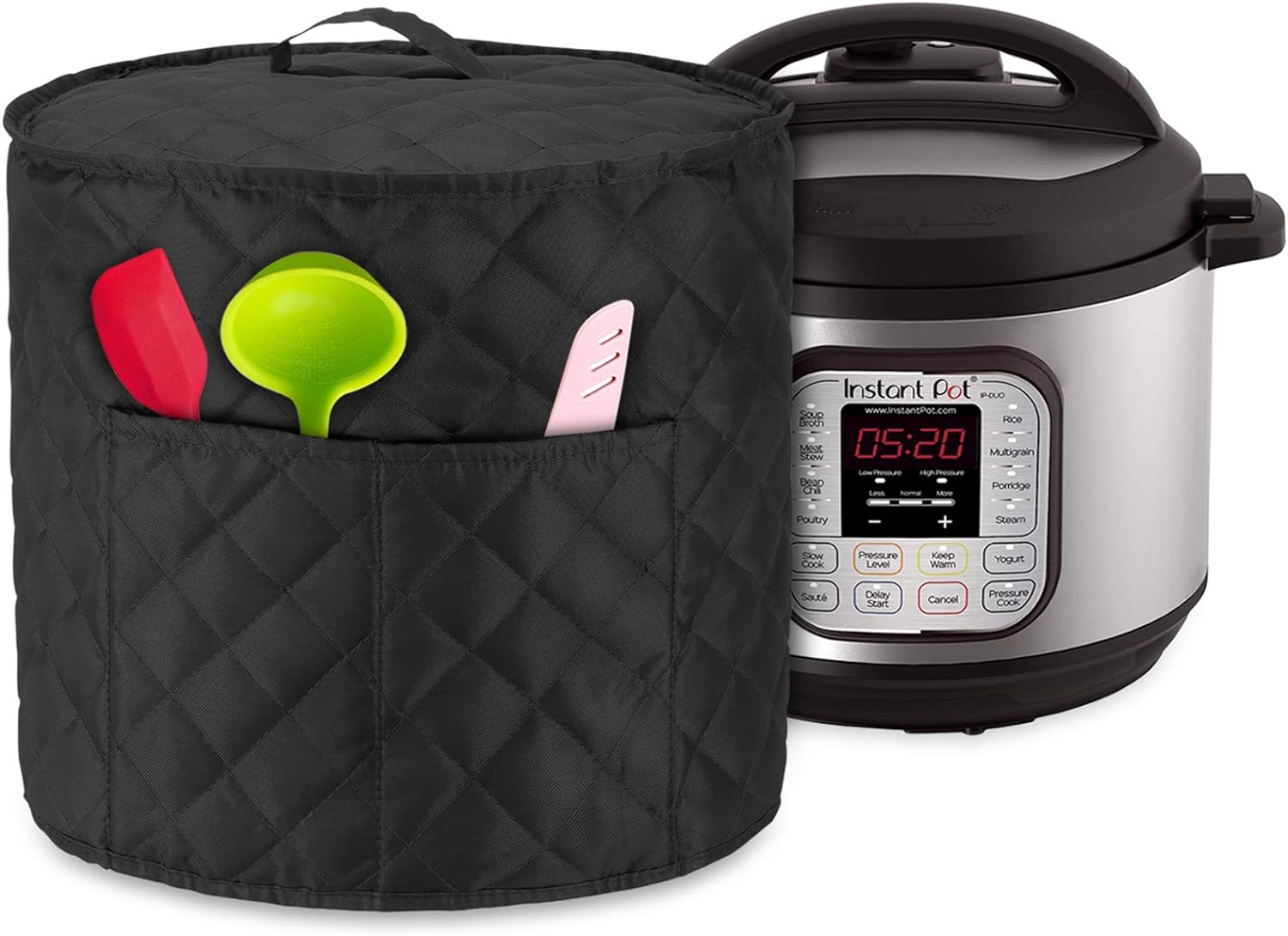 Luxja Dust Cover for 6 Quart Instant Pot, Cloth Cover with Pockets for Instant Pot (6 Quart) and Extra Accessories, Black Quilted Fabric (Medium)