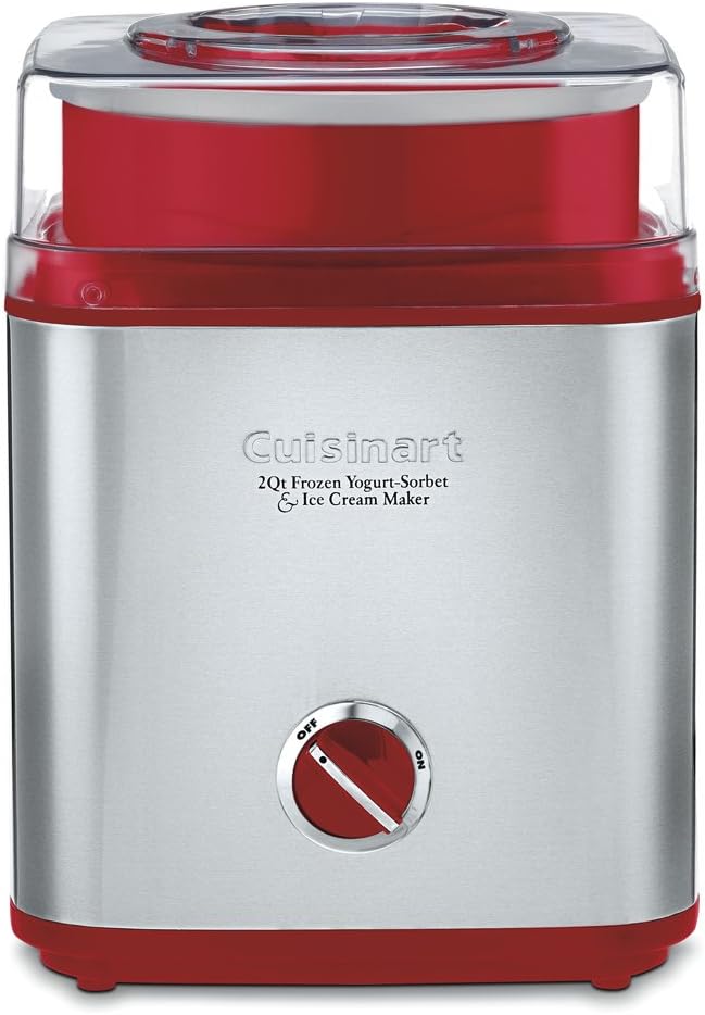 Cuisinart Ice Cream Maker Machine for Frozen Yogurt, Sorbet, Gelato, Ice Cream & Frozen Drinks - Makes Treats in Minutes with Large Ingredient Spout for Mix ins, Stainless Steel/Red, 2 Quart, ICE-30R