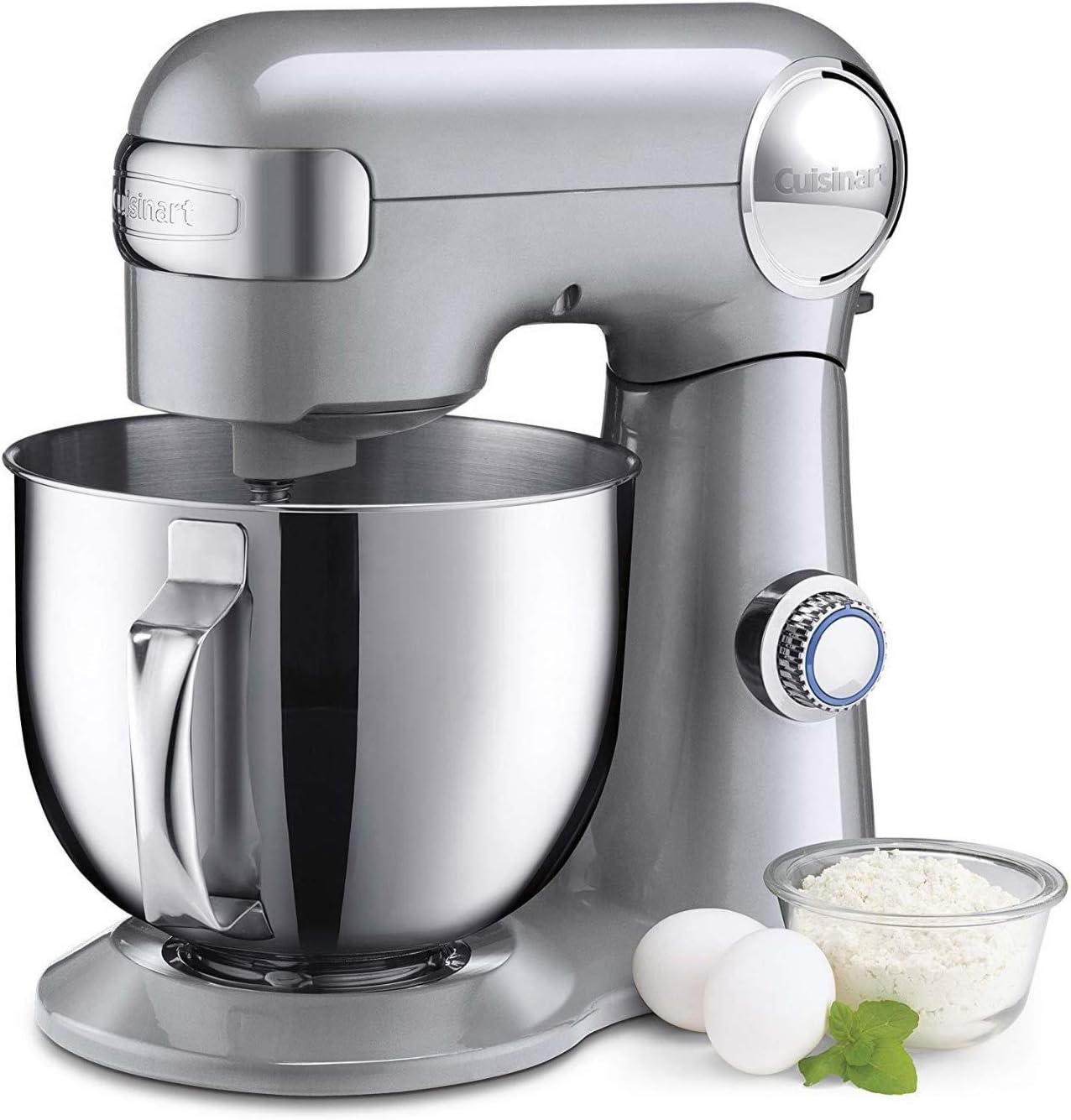 Cuisinart Stand Mixer, 12 Speeds, 5.5-Quart Mixing Bowl, Chef' Whisk, Flat Mixing Paddle, Dough Hook, and Splash Guard with Pour Spout, Silver Lining, SM-50BC, Silver Lining