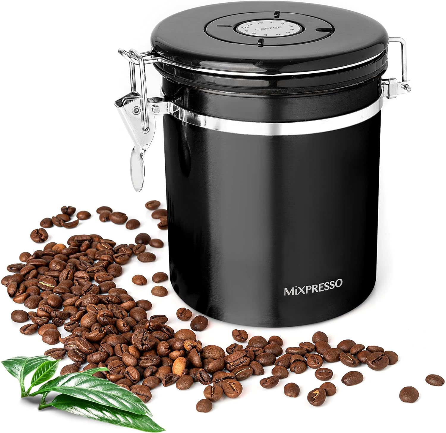 Mixpresso Black Stainless Steel Airtight Coffee Container with Date Tracking For All Types Of Coffee, Vacuum Sealed Airtight Container, Coffee Jar 16 Ounces, Coffee Grounds Container, Coffee Tin