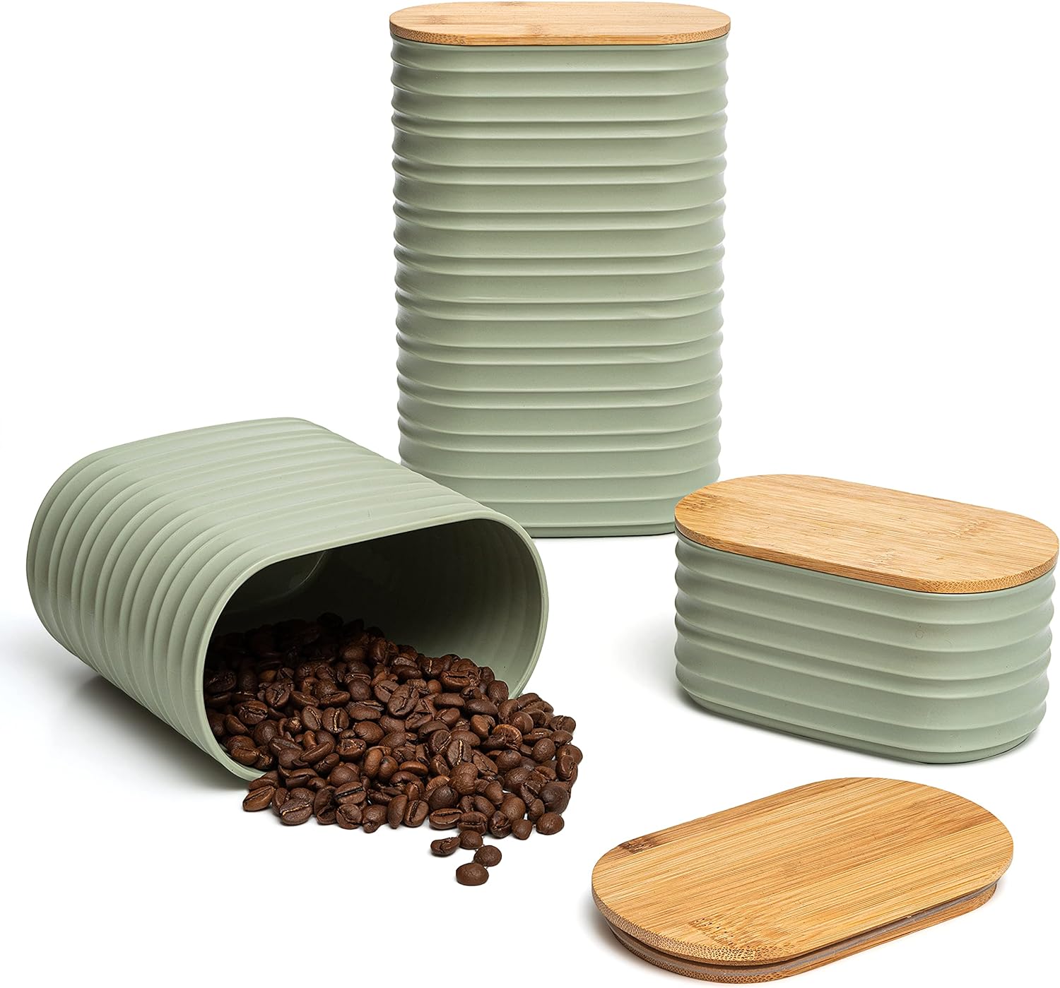 Mixpresso 3 Piece Set Of Airtight Coffee And Sugar Plastic Canister Set With Bamboo Lid , Decorative Container, Kitchen Decor For Counter