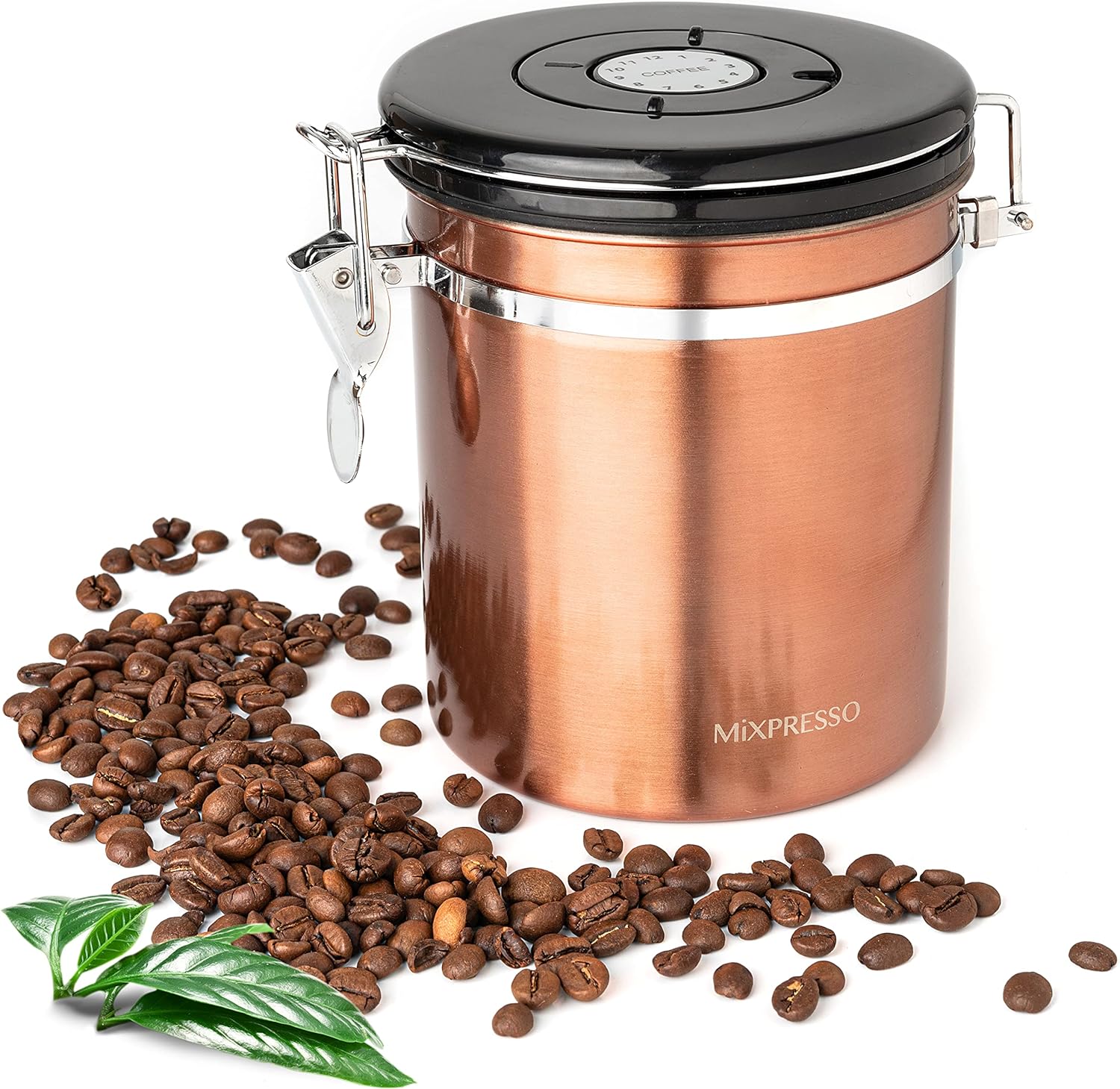 Mixpresso Bronze Stainless Steel Airtight Coffee Container with Date Tracker For Coffee & Tea, Vacuum Sealed Airtight Container, Coffee Jar 16 Ounces, Coffee Grounds Container, Coffee Tin