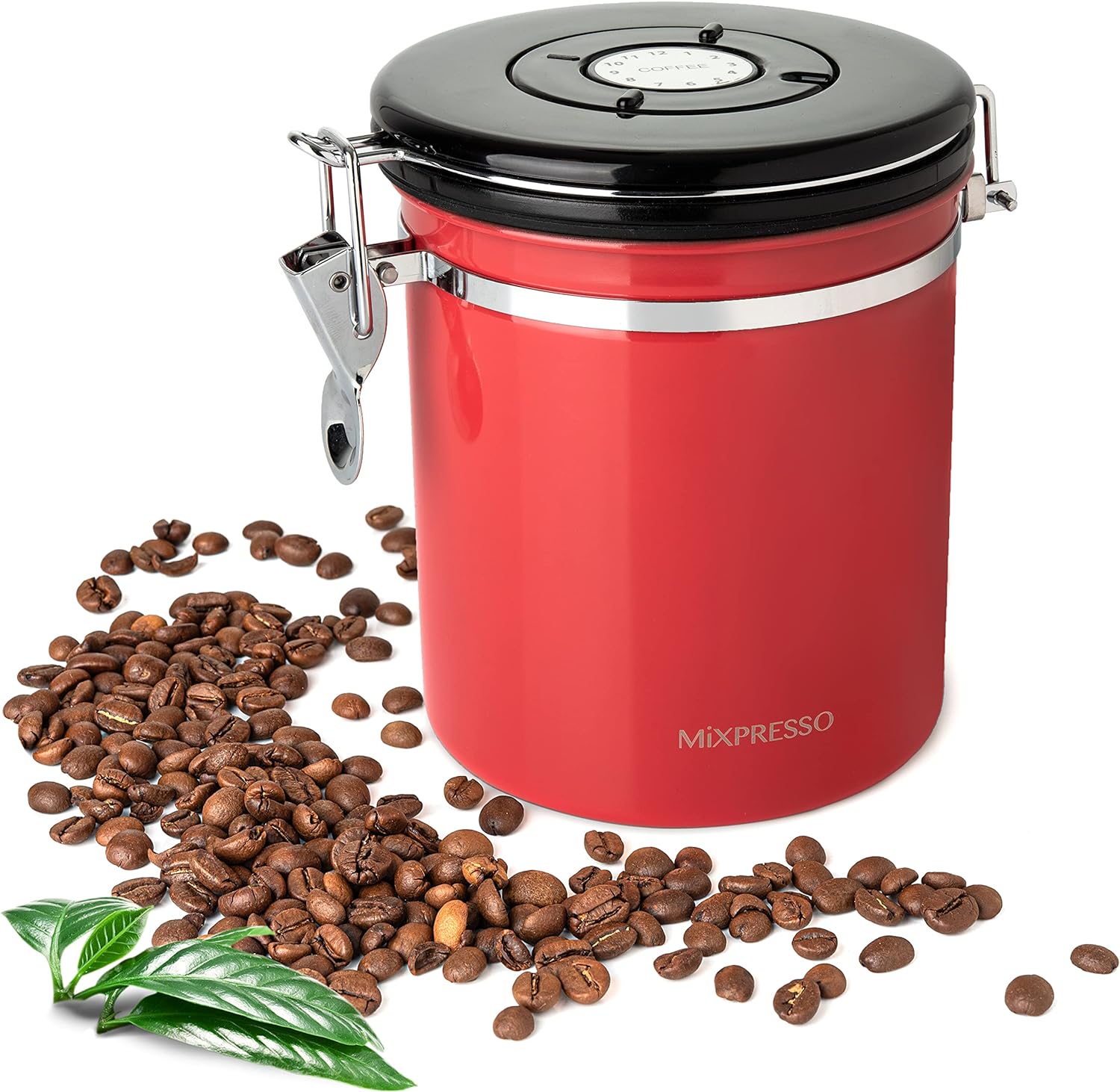 Mixpresso Stainless Steel Airtight Coffee Container with Date Tracking, Vacuum Sealed Airtight Container, coffee jar 16 Ounces Coffee Canister For Ground Coffee, Red Coffee Vault