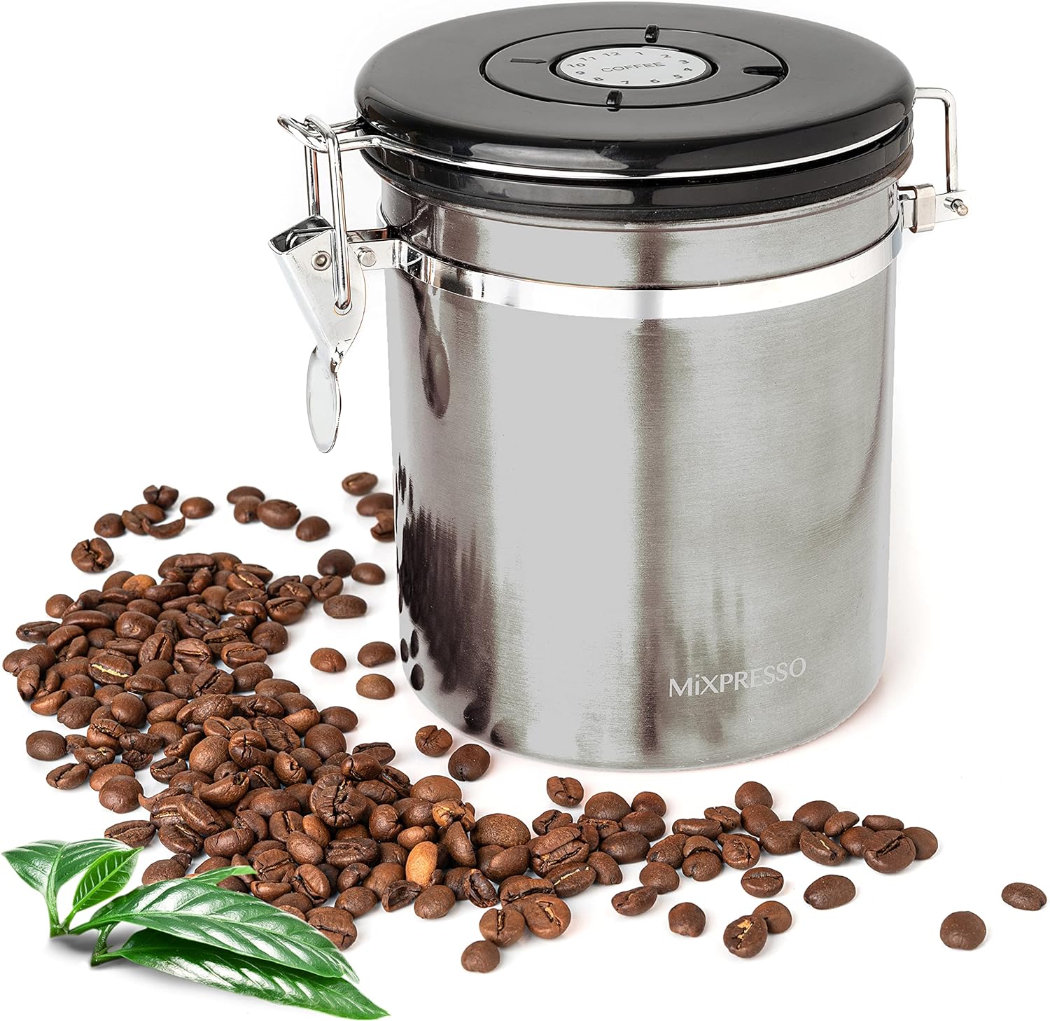 Mixpresso Stainless Steel Airtight Coffee Container, Coffee Grounds and Beans Container with Date-Tracker, Vacuum Sealed Airtight Container, Coffee Jar 16Oz Sugar Container & Espresso Container