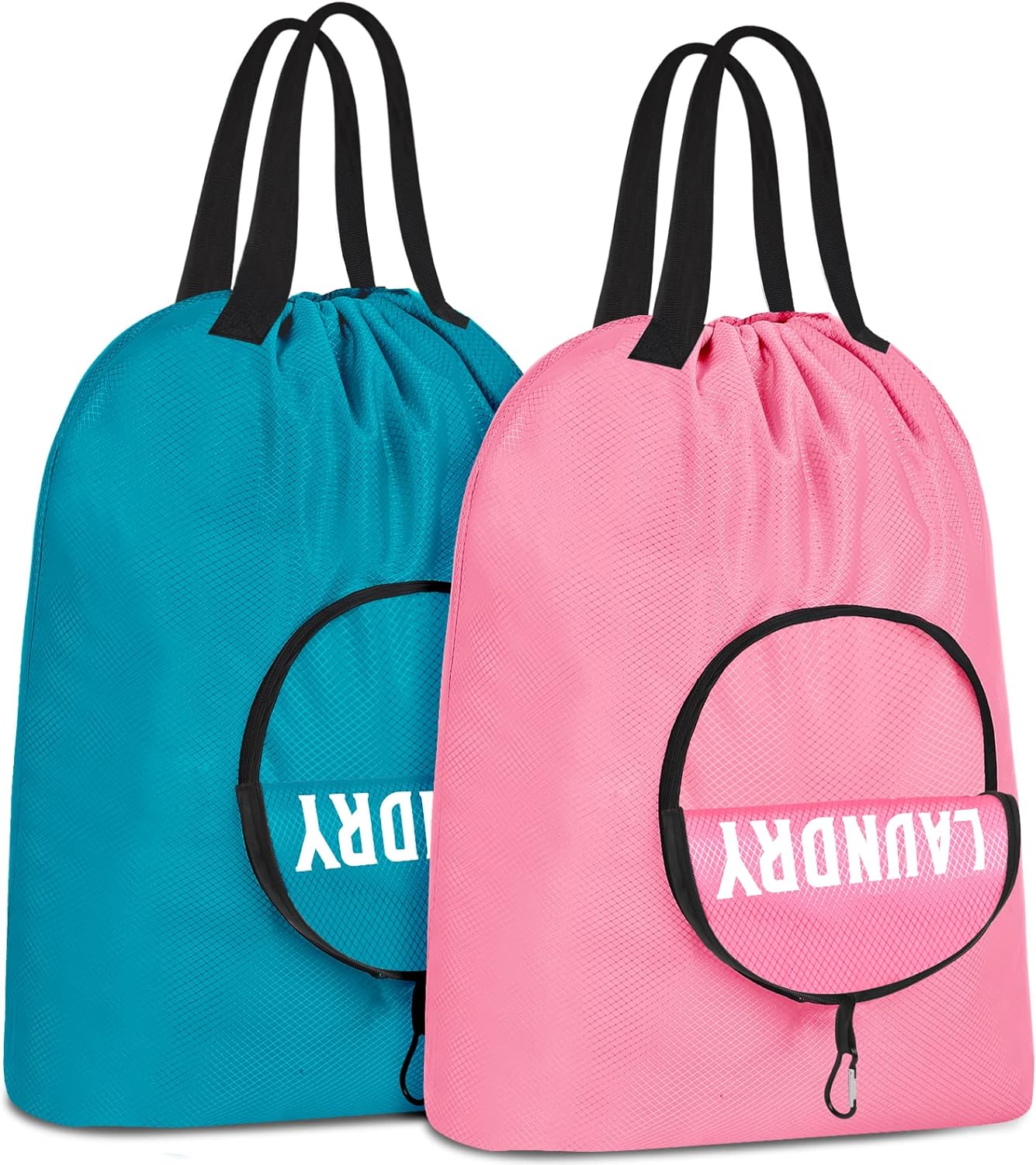 2 Pcs Travel Laundry Bag, Dirty Clothes Bag for Traveling with Handles and Carabiner Collapsible Laundry Bag for Travel, Camp, Fitness, and Students (Pink Blue)