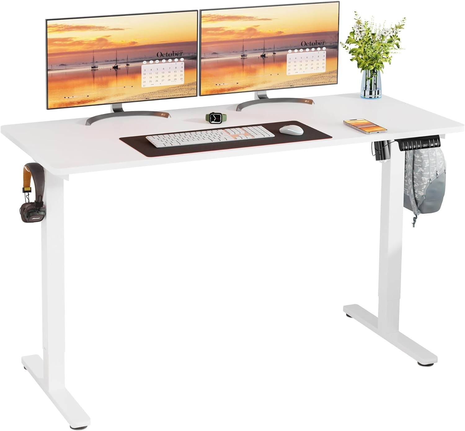 Meilocar Height Adjustable Electric Standing Desk, 55 x 24 Sit Stand Computer Desk with Memory Controller, Home Office Workstation Stand up Desk with Splice Board, White Top + White Frame