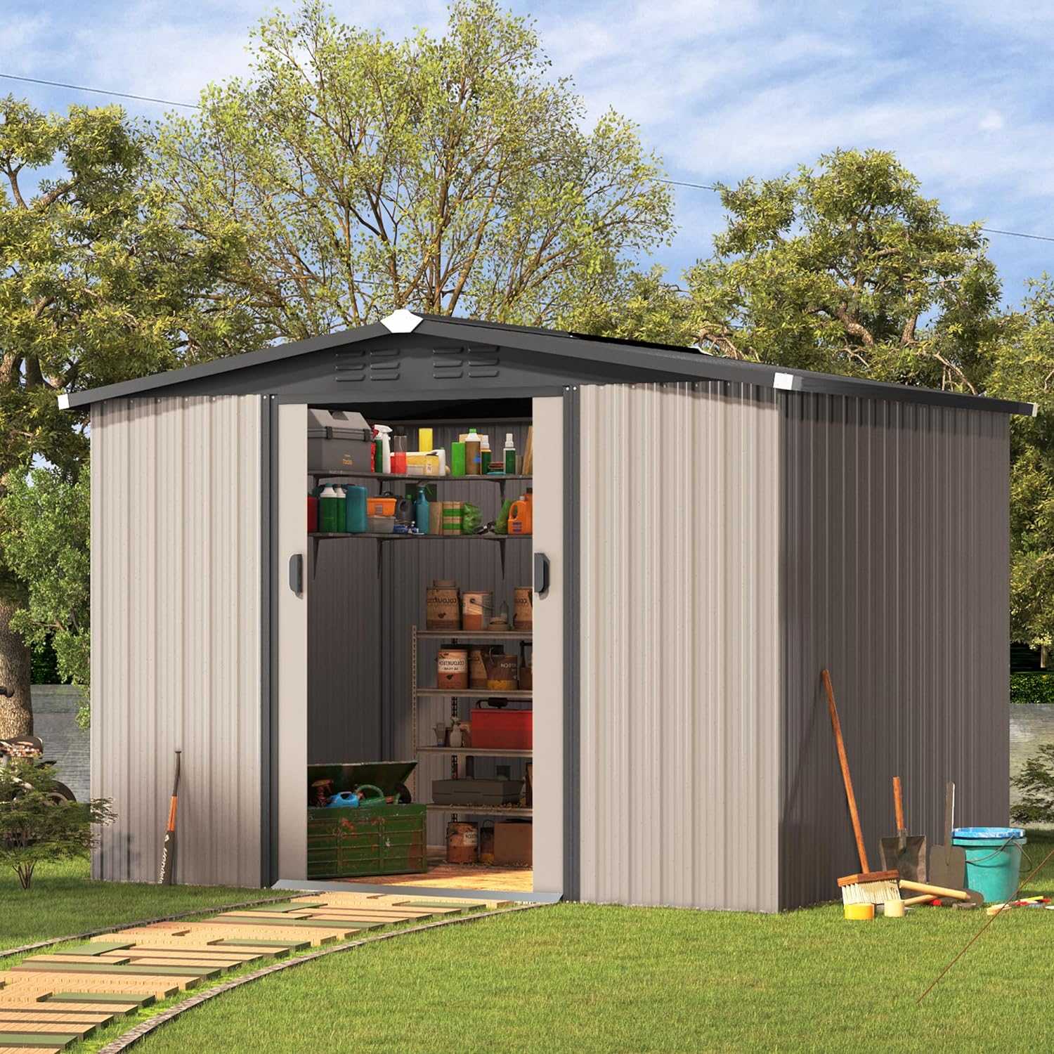 AECOJOY 8 x 6 Ft Shed, Outdoor Storage Tool Shed (Sliding Door), Metal Garden Shed for Yard, Outdoor Storage Clearance in Grey