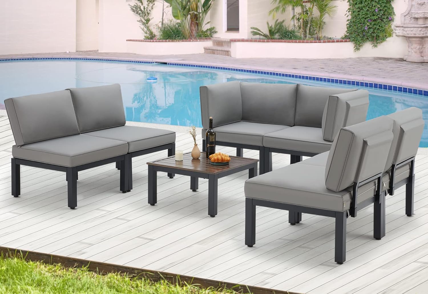 AECOJOY Outdoor Patio Furniture Set, Metal Patio Sectional Conversation Sofa, Black Wrought Iron Outdoor Furniture Sets Clearance with Grey Cushions