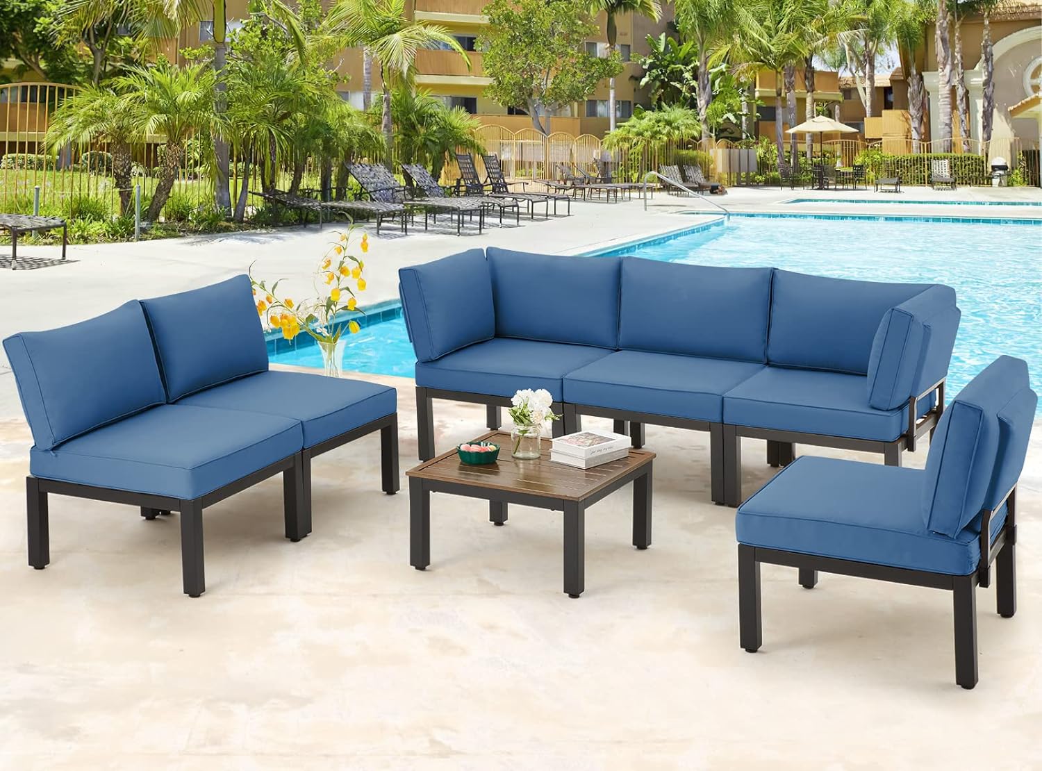 AECOJOY Outdoor Patio Furniture Set, Metal Patio Sectional Conversation Sofa, Black Wrought Iron Outdoor Furniture Sets Clearance with Navy Blue Cushions