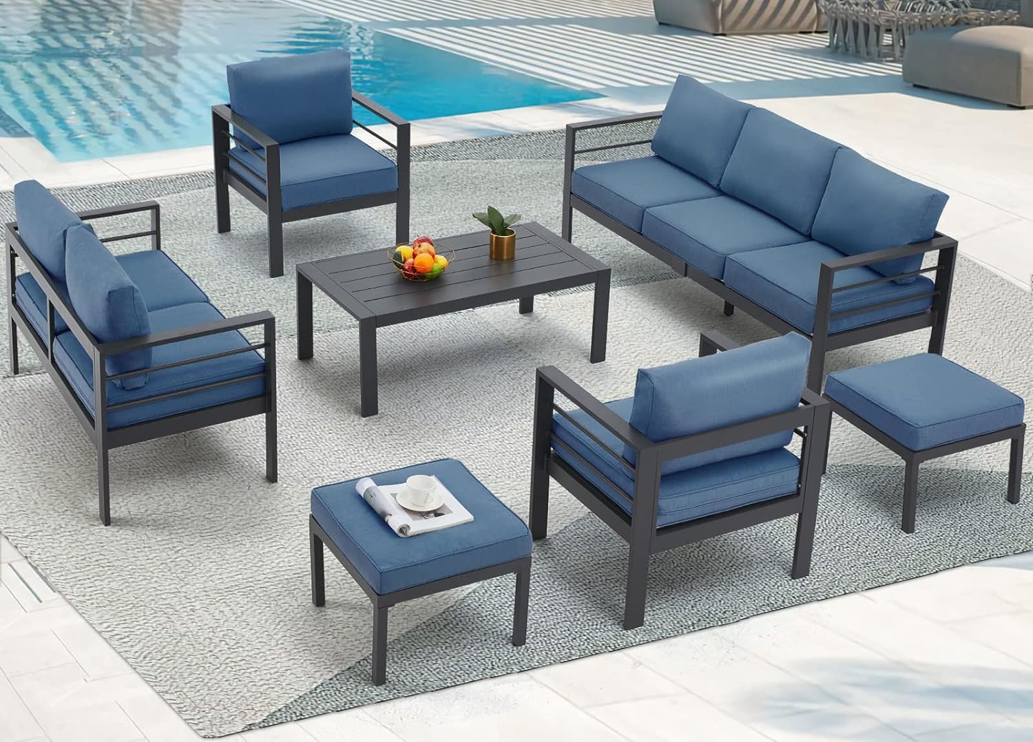 AECOJOY Aluminum Patio Furniture Set, Modern Outdoor Patio Furniture with Coffee Table, 7 Pieces Outdoor Conversation Set with Navy Blue Cushions for Balcony, Porch, Lawn and More