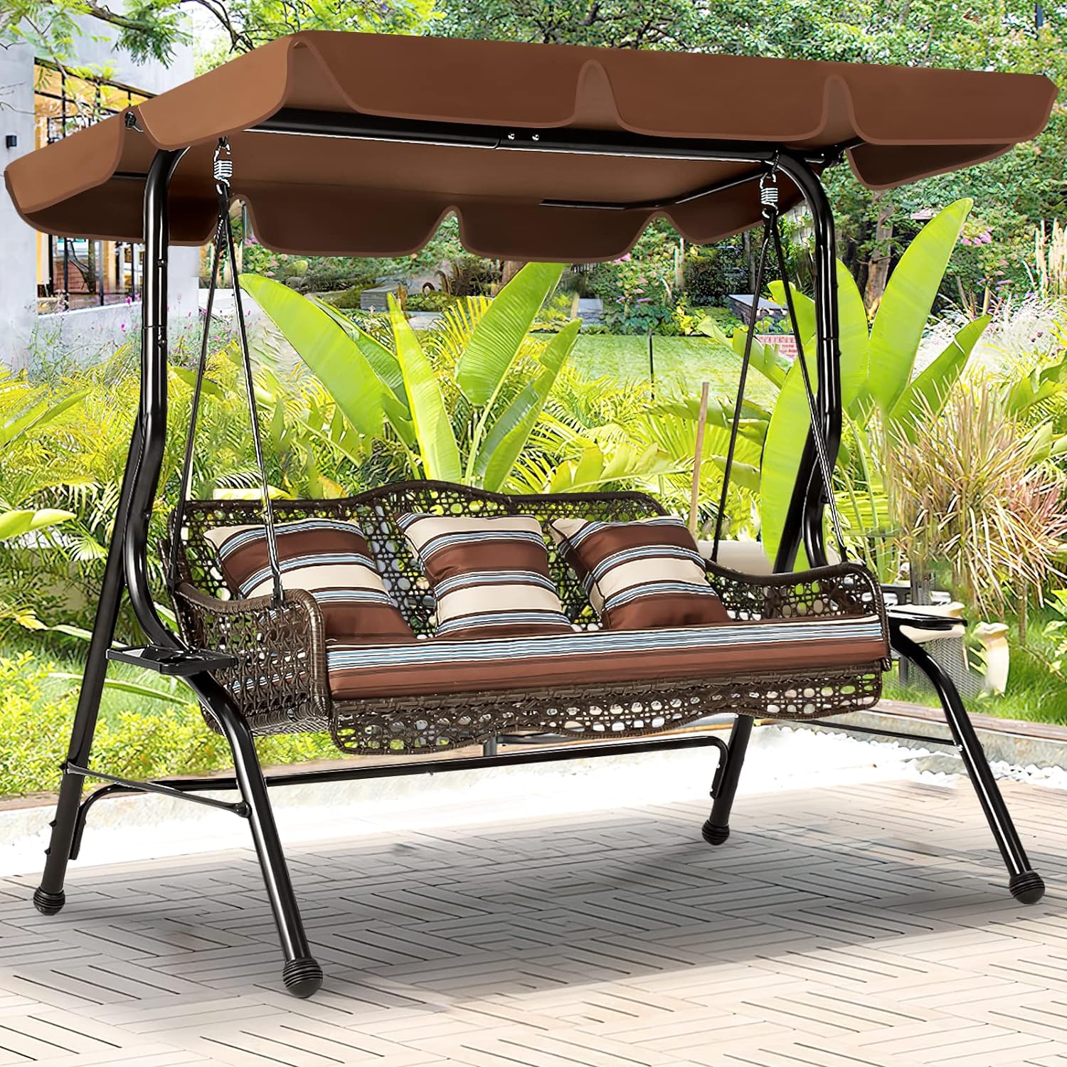 AECOJOY 3-Seat Outdoor Patio Swing Chair, Large Converting Canopy Porch Swing Glider, Hammock Lounge Chair for Porch, Rattan Wicker Steel Frame Cushion & Pillow, Brown