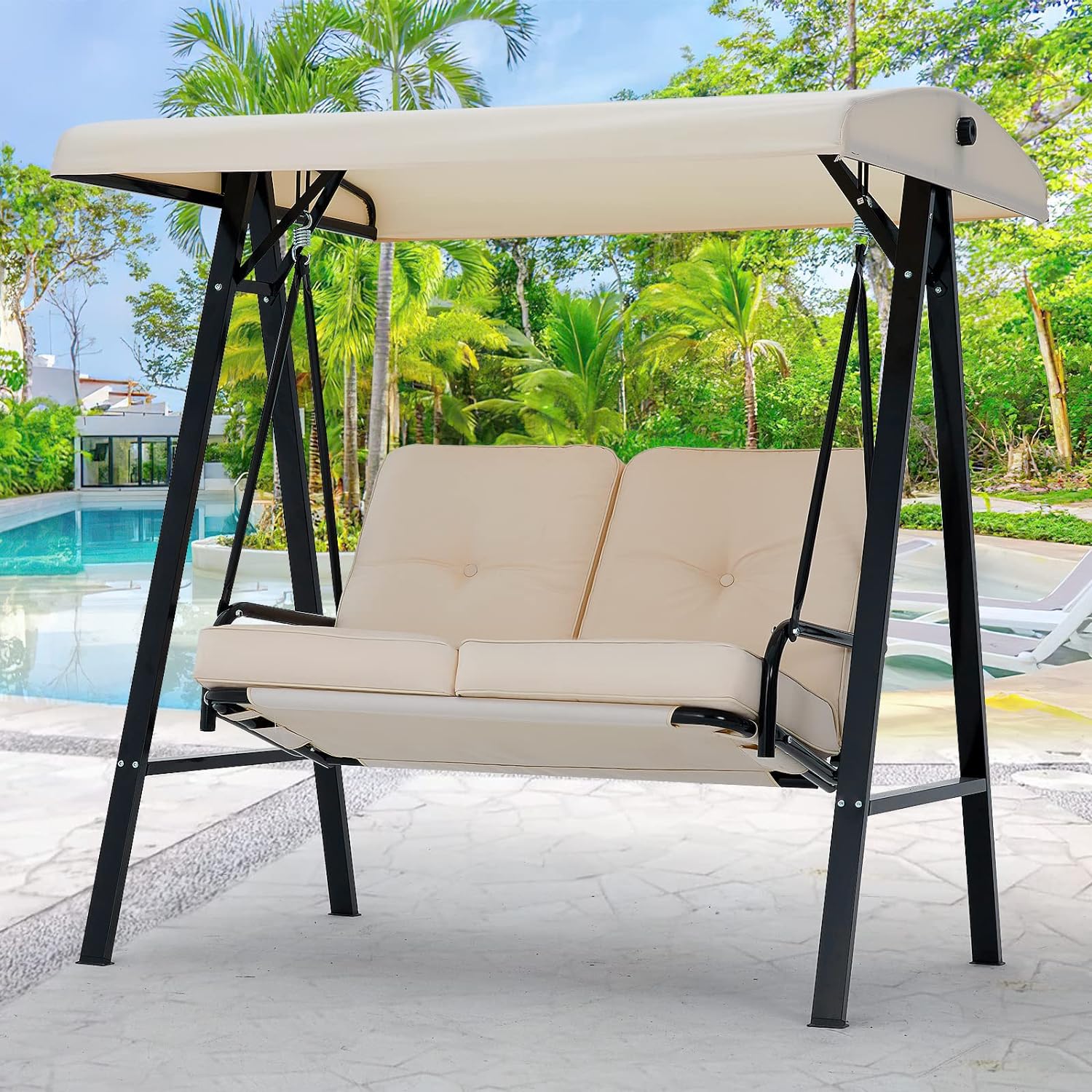AECOJOY 2-Seat Porch Swing Chair, Patio Swing Chair with Stand and Removable Cushions, Outdoor Canopy Swing Chair for Outside, Backyard, Garden(Beige Cushion&Steel Frame)