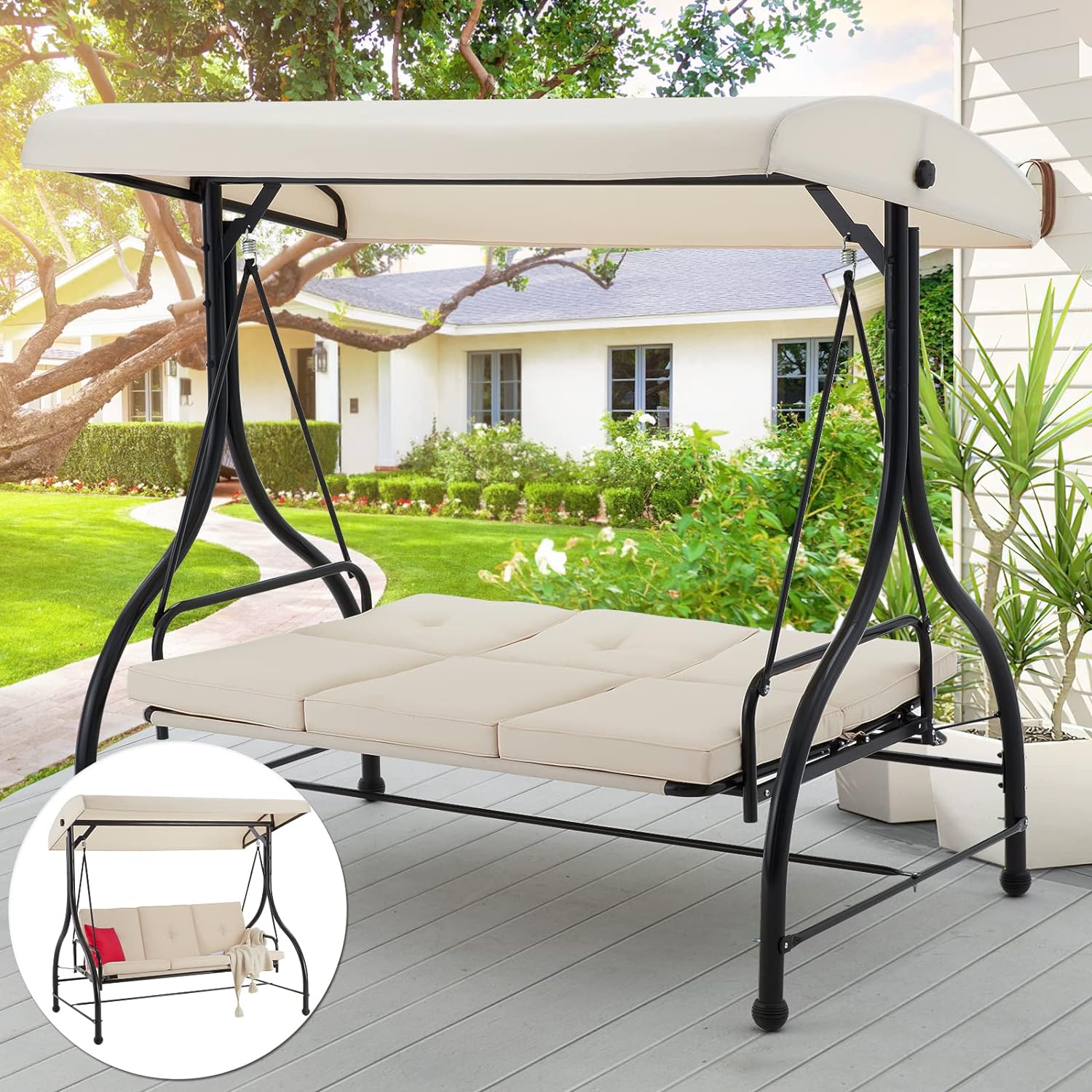 AECOJOY 3-Seat Outdoor Patio Swing Chair, Converting Swing Glider Canopy Hammock w/Adjustable Backrest and Canopy, Removable Cushions for Porch, Backyard, Poolside, Beige