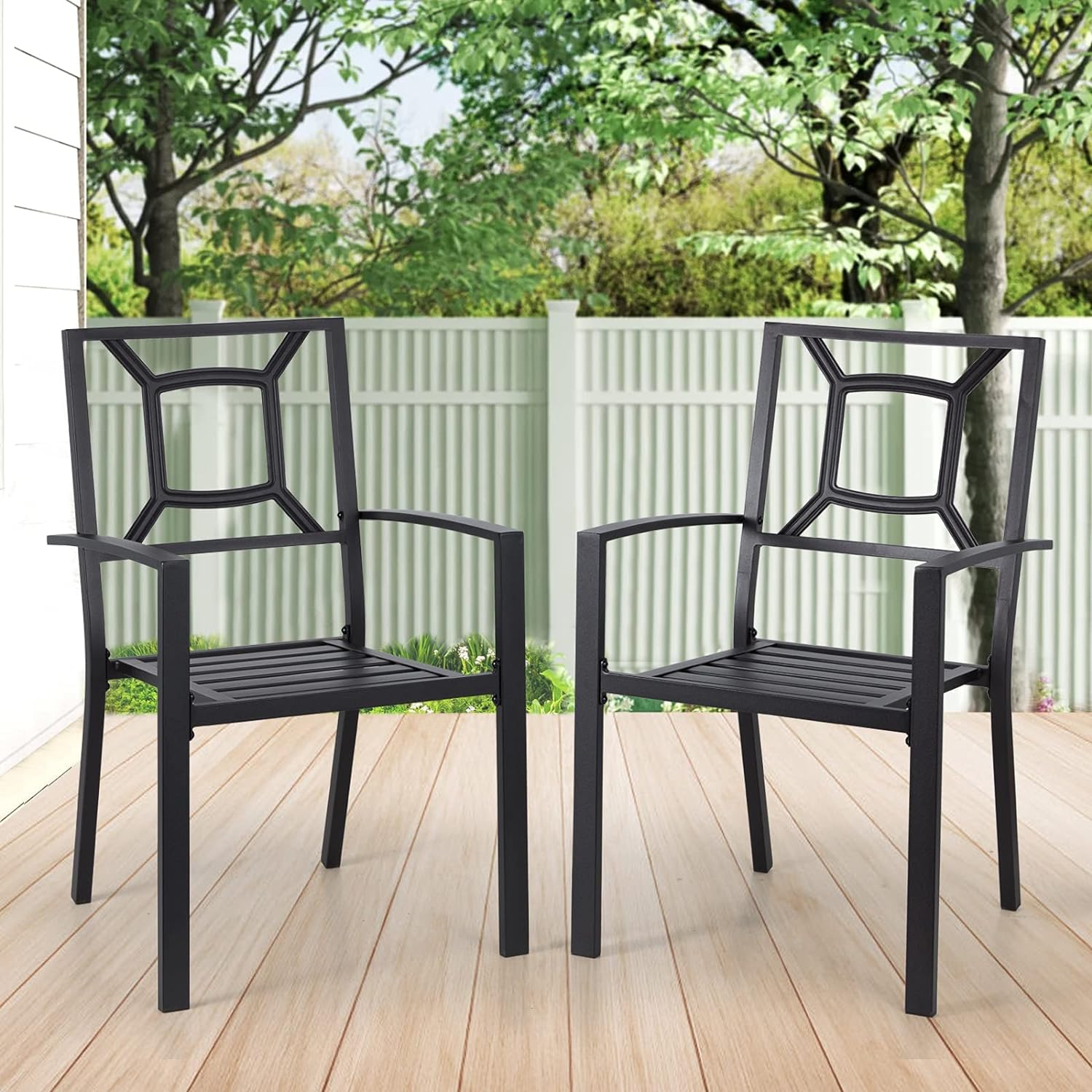 AECOJOY Patio Chairs Set of 2, Black Metal Outdoor Chairs Set (Stackable), Iron Heavy-Duty Outoodr Dining Chairs for Outside, Patio, Porch and More